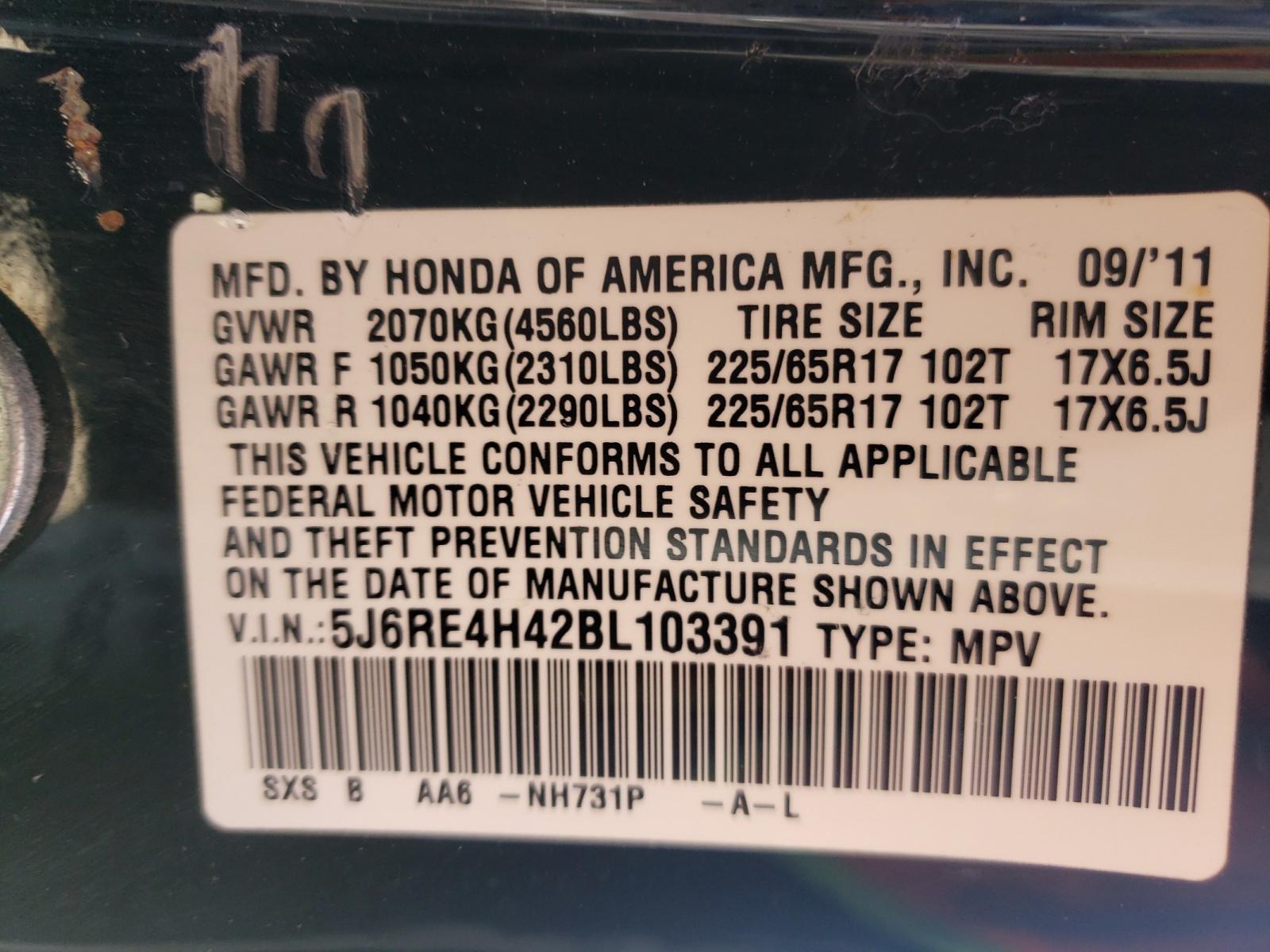 Photo 10 from auction – 2011 HONDA CR-V SE with VIN 5J6RE4H42BL103391