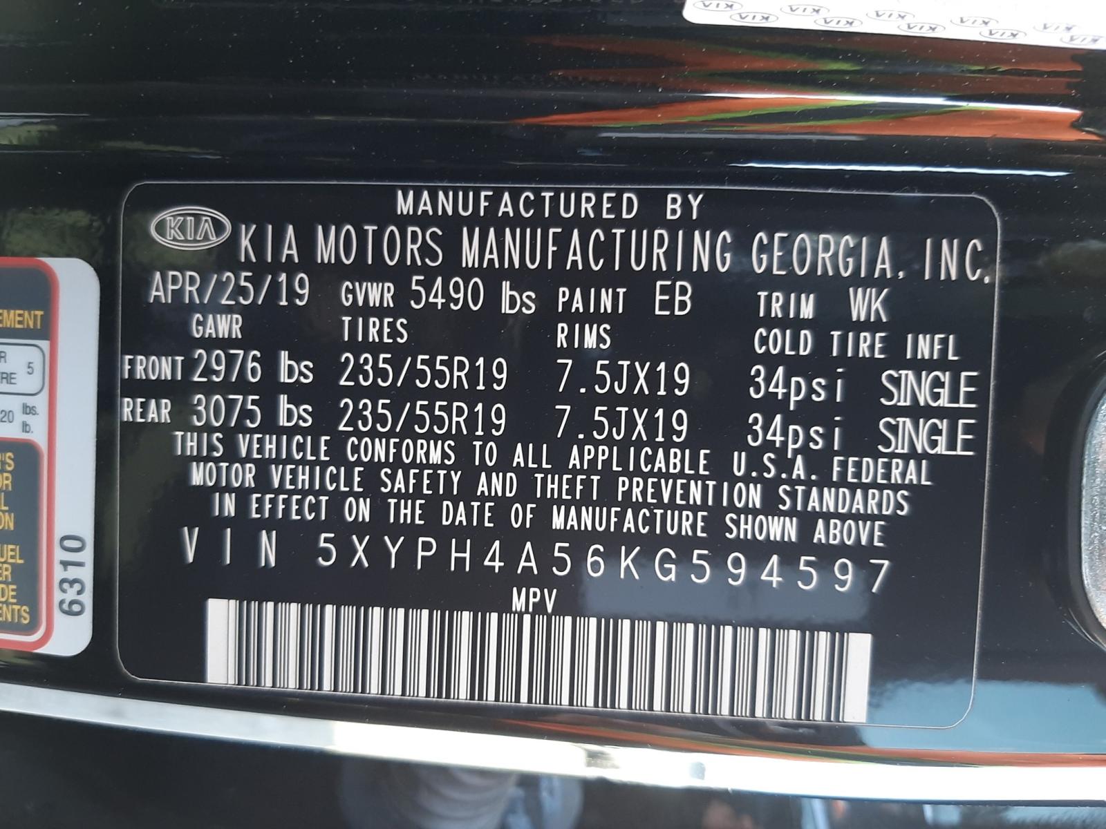 Photo 10 from auction – 2019 KIA SORENTO EX with VIN 5XYPH4A56KG594597