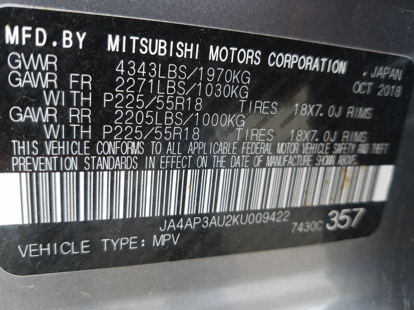Photo 10 from auction – 2019 MITSUBISHI OUTLANDER with VIN JA4AP3AU2KU009422
