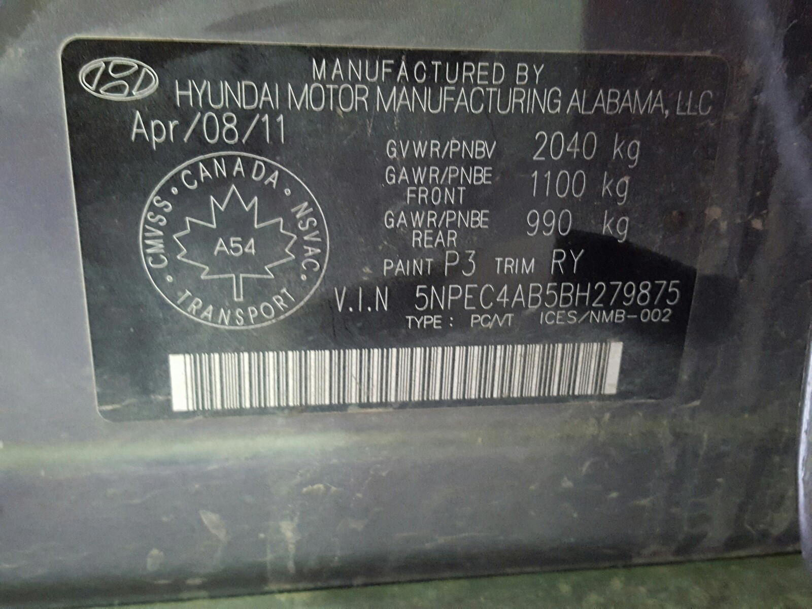 Photo 10 from auction – 2011 HYUNDAI SONATA SE with VIN 5NPEC4AB5BH279875