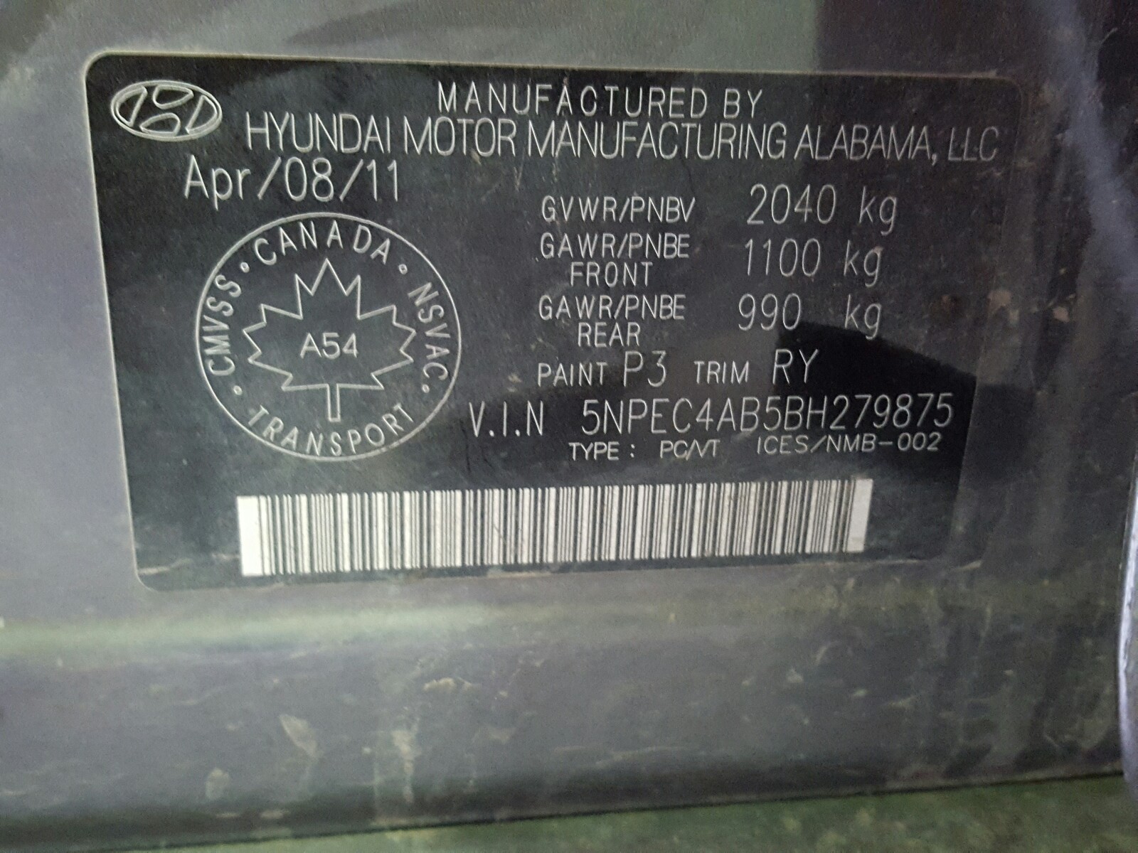 Zdjęcie 10 z aukcji – 2011 HYUNDAI SONATA SE z VIN 5NPEC4AB5BH279875