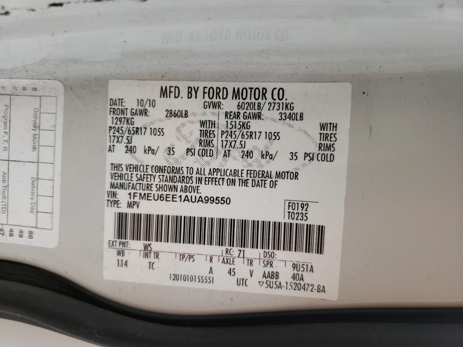 Photo 10 from auction – 2010 FORD EXPLORER E with VIN 1FMEU6EE1AUA99550