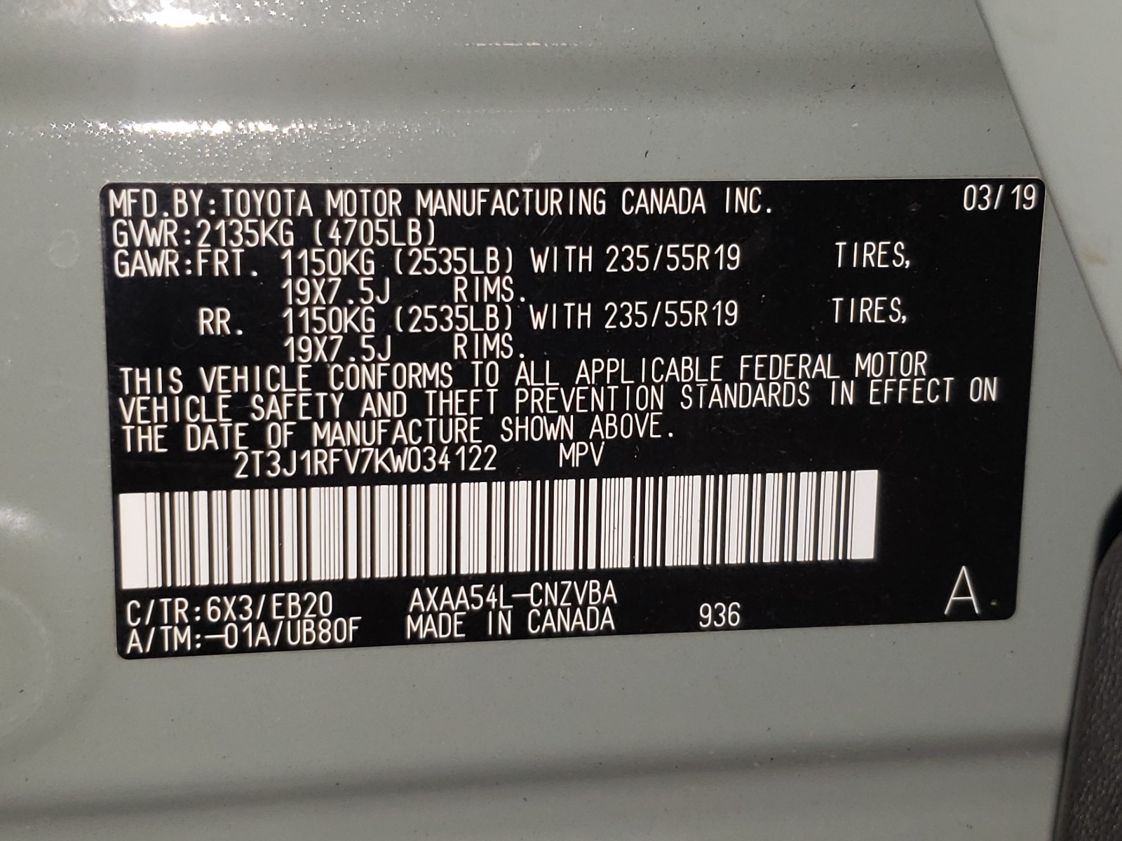 Photo 10 from auction – 2019 TOYOTA RAV4 ADVEN with VIN 2T3J1RFV7KW034122
