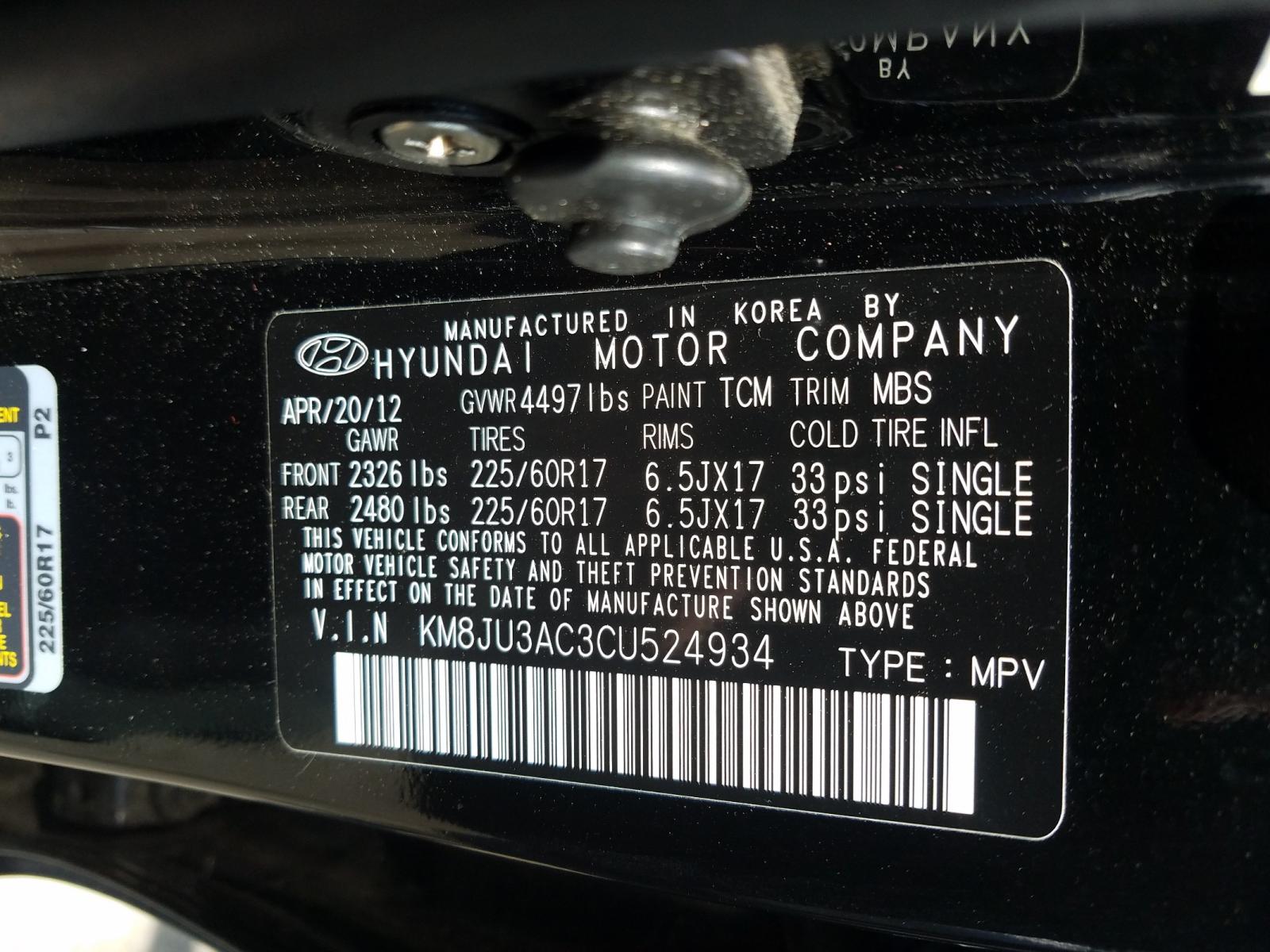 Photo 10 from auction – 2012 HYUNDAI TUCSON GLS with VIN KM8JU3AC3CU524934