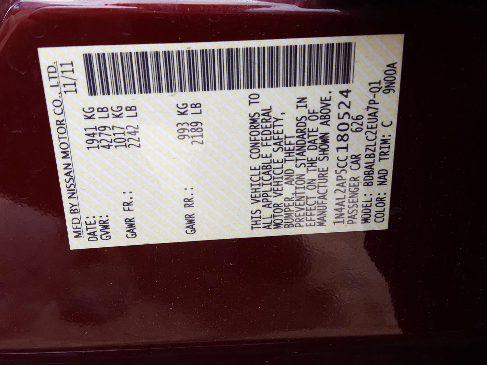 Photo 10 from auction – 2012 NISSAN ALTIMA BAS with VIN 1N4AL2AP5CC180524