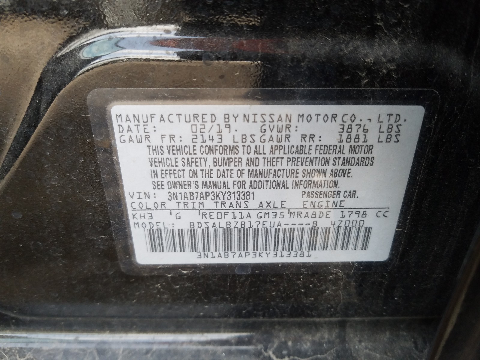 Photo 10 from auction – 2019 NISSAN SENTRA S with VIN 3N1AB7AP3KY313381
