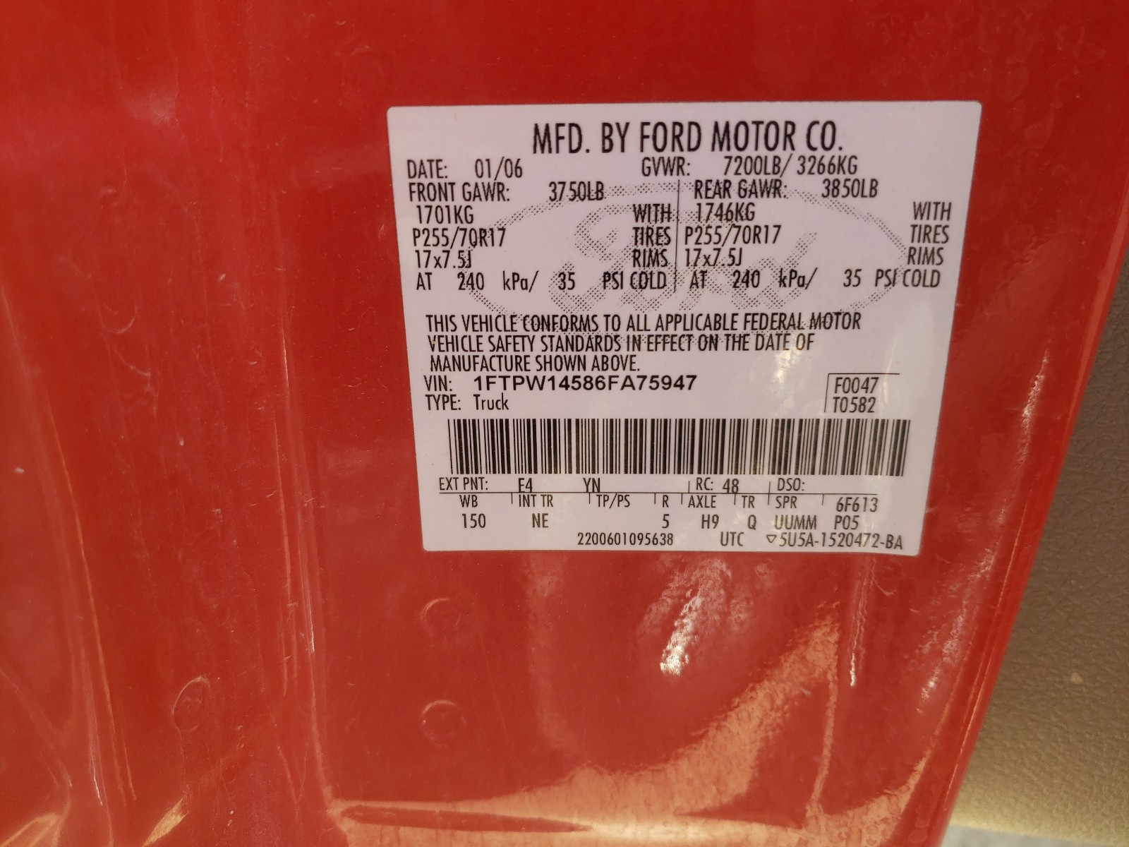 Photo 10 from auction – 2006 FORD F150 SUPER with VIN 1FTPW14586FA75947