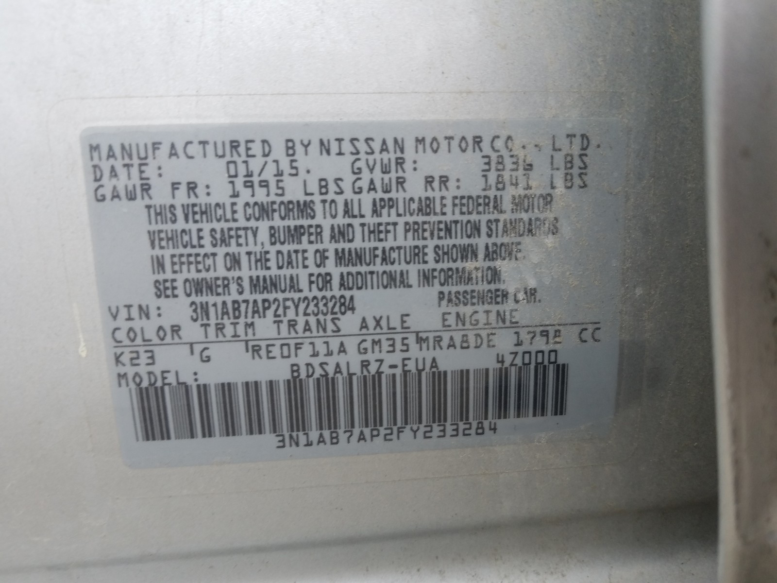 Photo 10 from auction – 2015 NISSAN SENTRA with VIN 3N1AB7AP2FY233284
