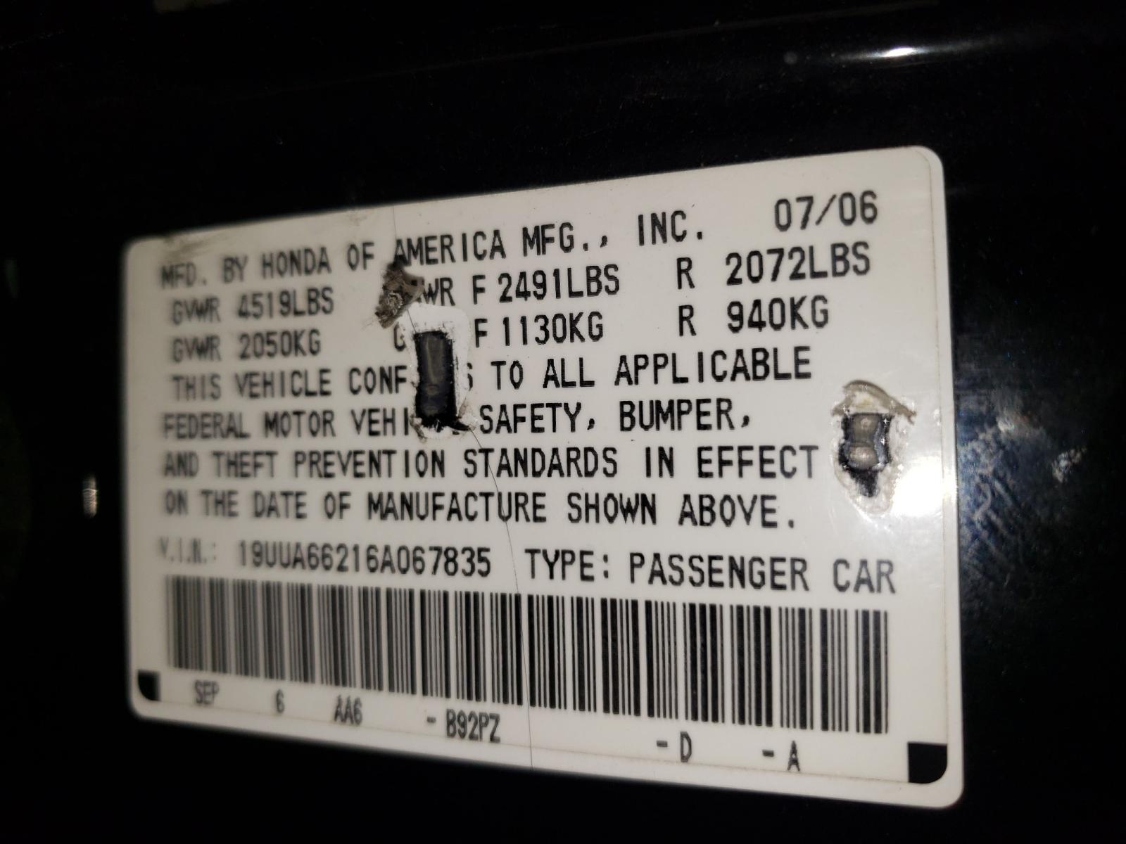 Photo 10 from auction – 2006 ACURA 3.2TL with VIN 19UUA66216A067835