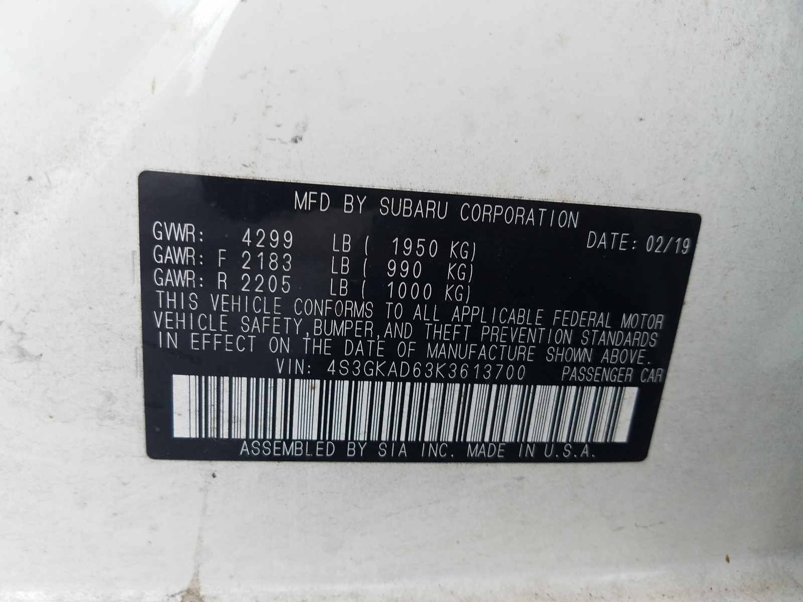 Photo 10 from auction – 2019 SUBARU IMPREZA PR with VIN 4S3GKAD63K3613700