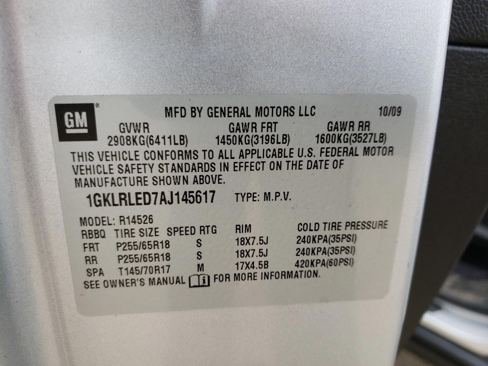 Photo 10 from auction – 2010 GMC ACADIA SLE with VIN 1GKLRLED7AJ145617
