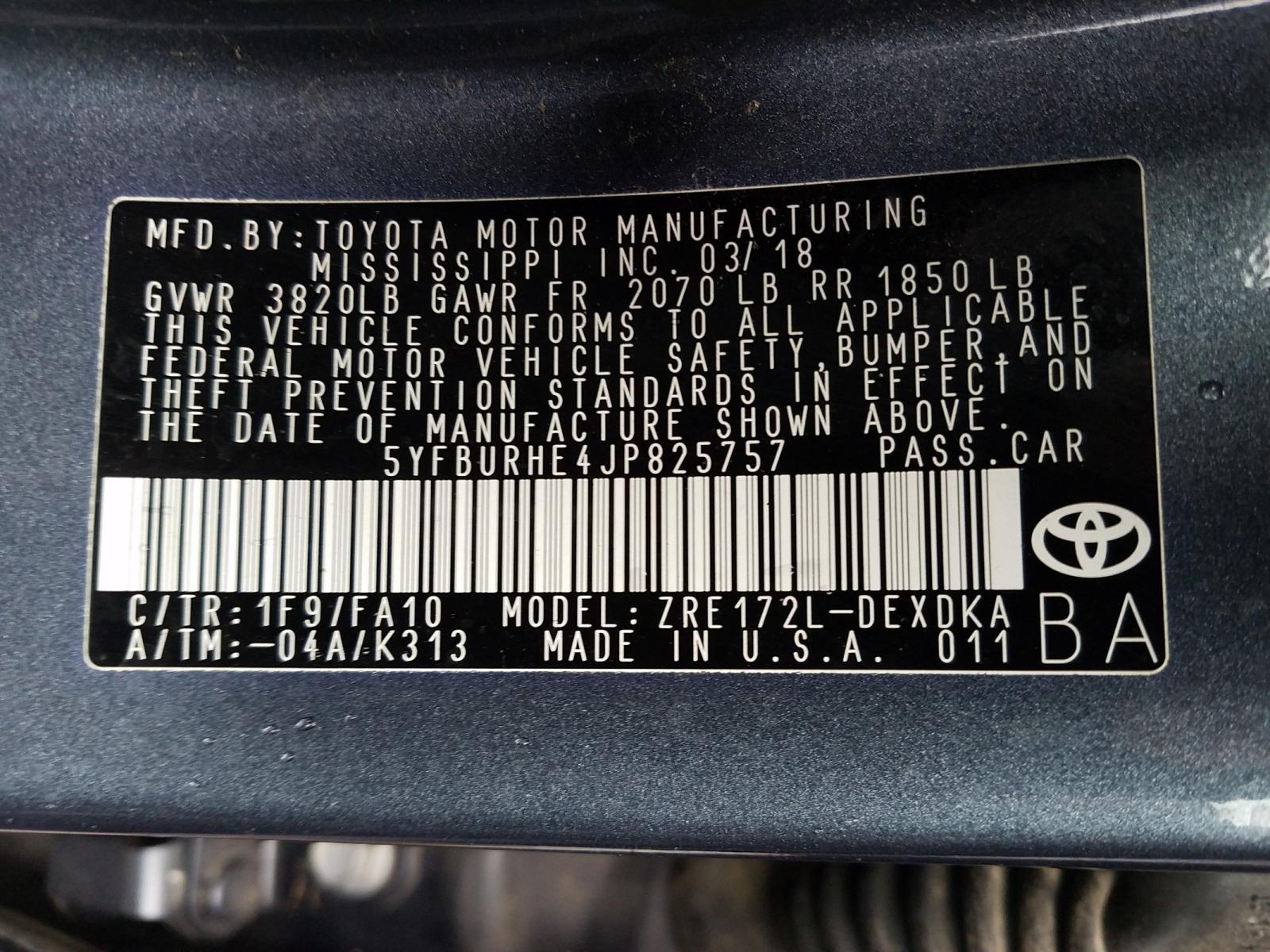 Photo 10 from auction – 2018 TOYOTA COROLLA L with VIN 5YFBURHE4JP825757