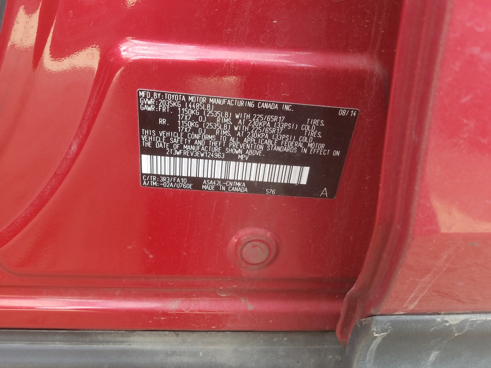 Photo 10 from auction – 2014 TOYOTA RAV4 XLE with VIN 2T3WFREV3EW124963