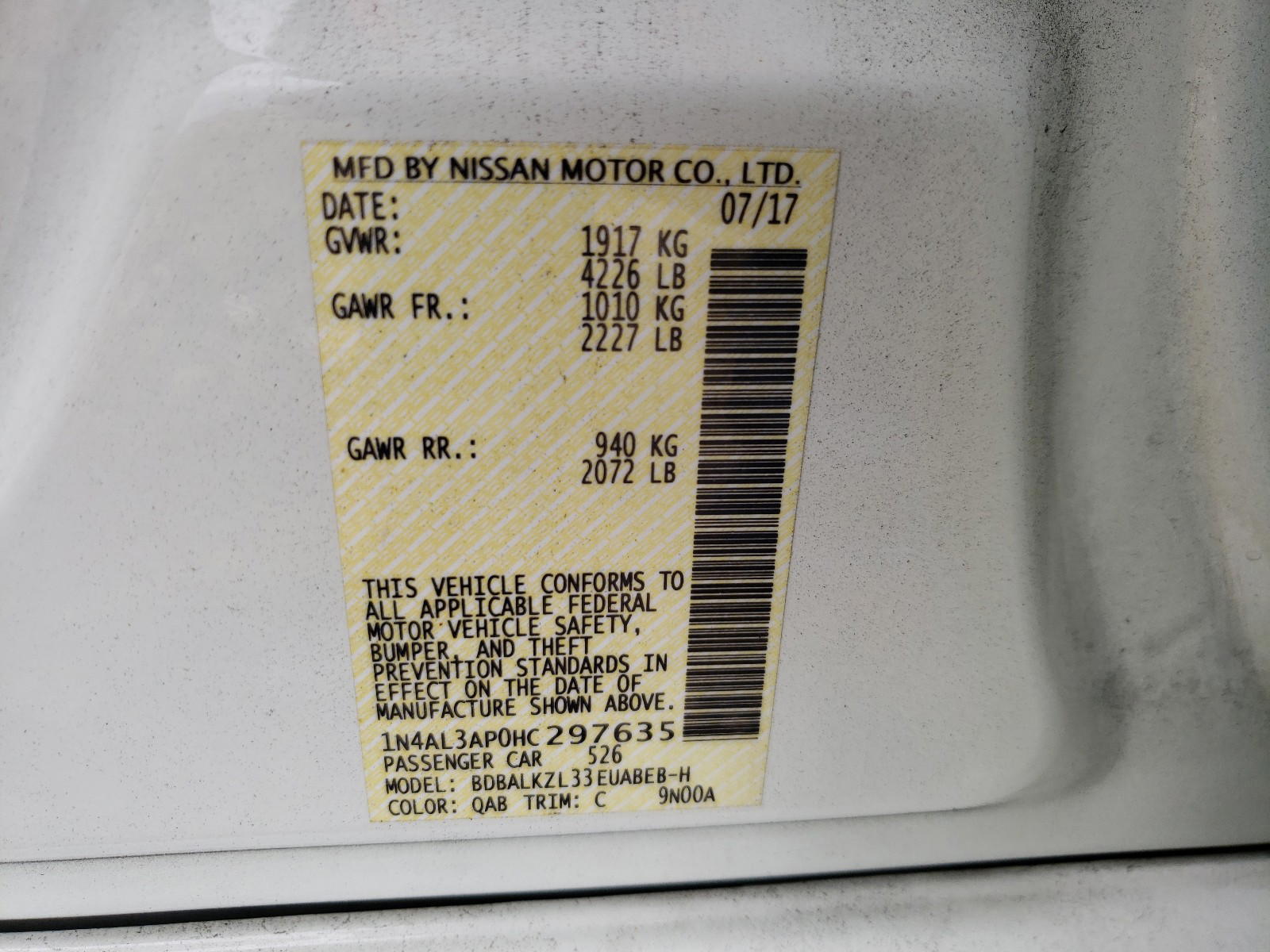 Photo 10 from auction – 2017 NISSAN ALTIMA 2.5 with VIN 1N4AL3AP0HC297635