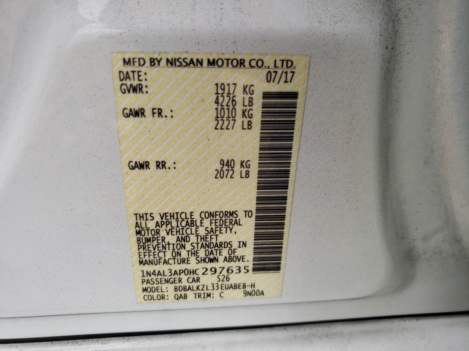 Zdjęcie 10 z aukcji – 2017 NISSAN ALTIMA 2.5 z VIN 1N4AL3AP0HC297635