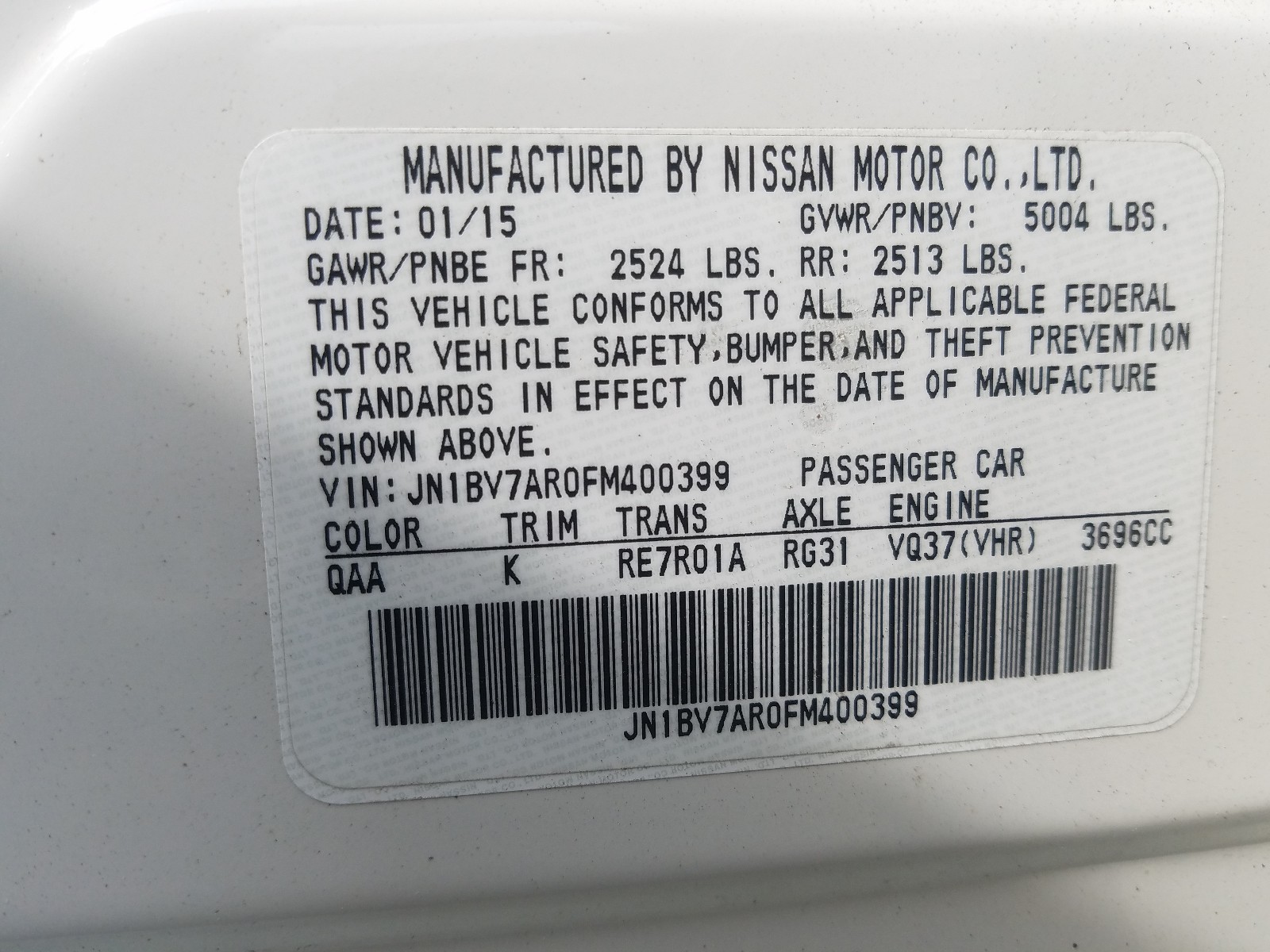 Photo 10 from auction – 2015 INFINITI Q50 BASE with VIN JN1BV7AR0FM400399
