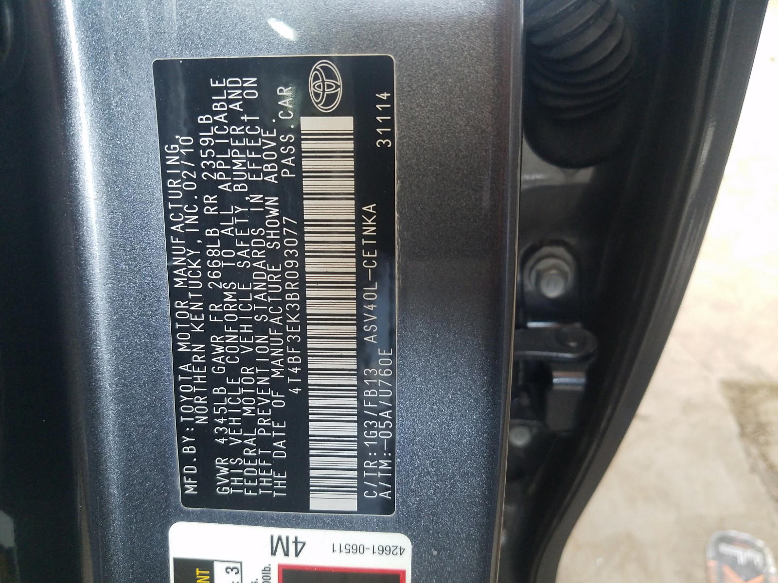 Photo 10 from auction – 2011 TOYOTA CAMRY BASE with VIN 4T4BF3EK3BR093077