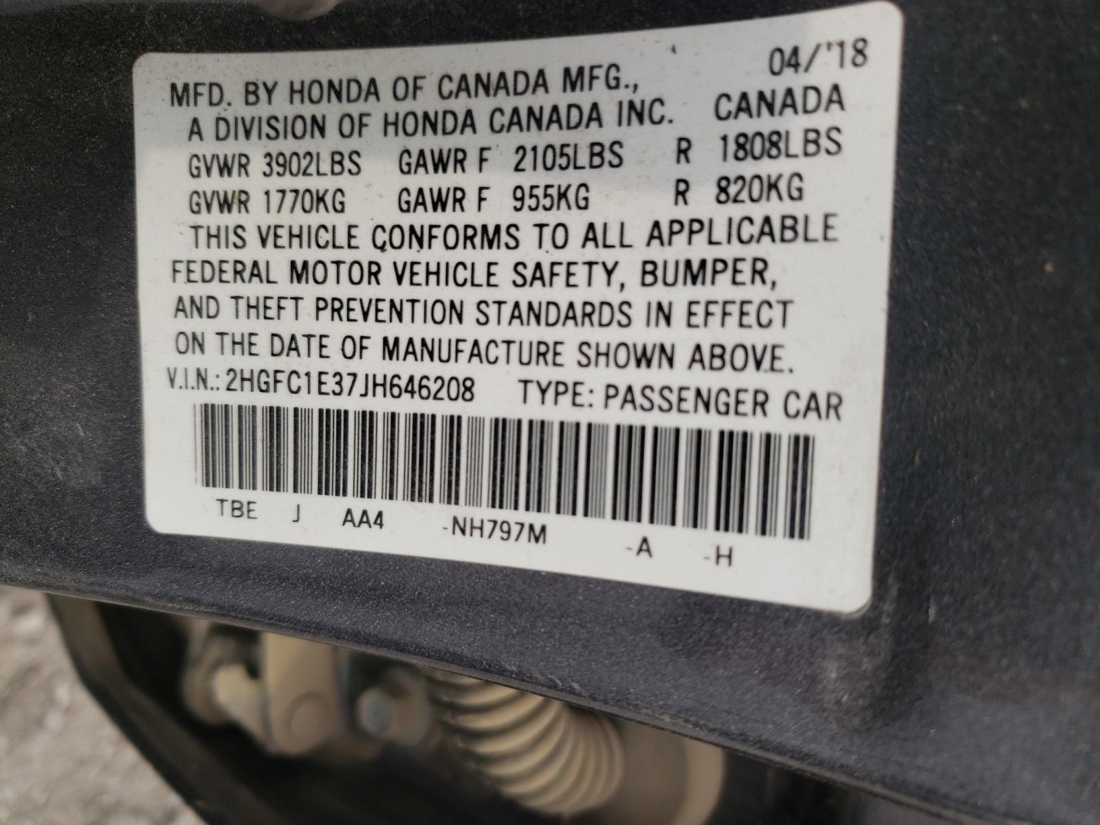 Photo 10 from auction – 2018 HONDA CIVIC EX with VIN 2HGFC1E37JH646208