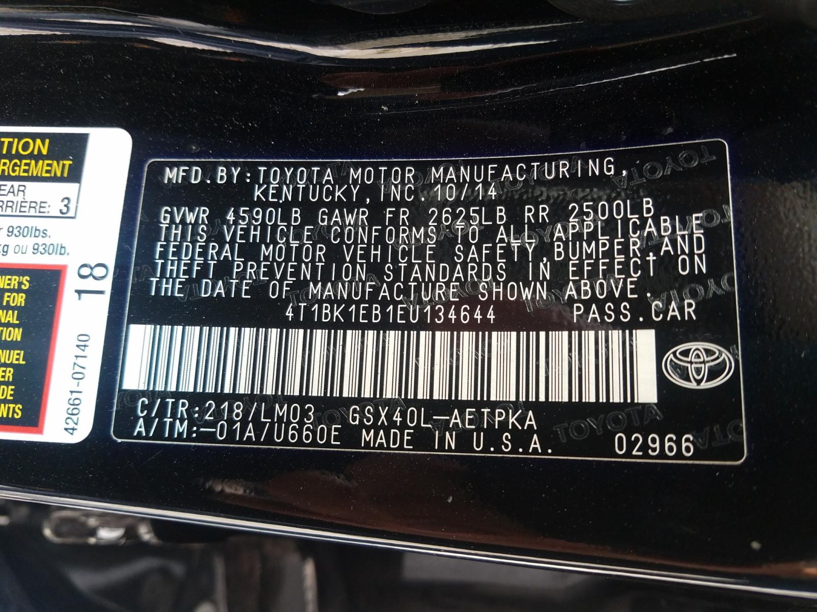 Photo 10 from auction – 2014 TOYOTA AVALON BAS with VIN 4T1BK1EB1EU134644