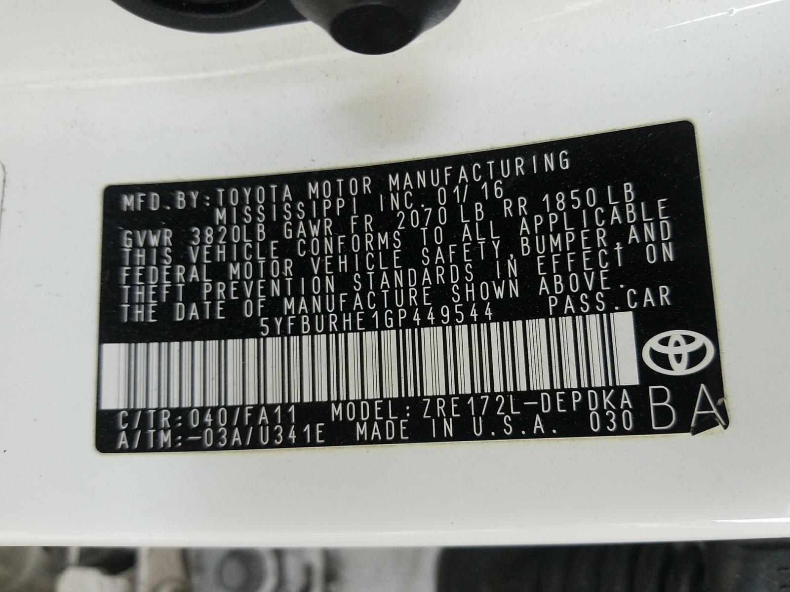 Photo 10 from auction – 2016 TOYOTA COROLLA L with VIN 5YFBURHE1GP449544