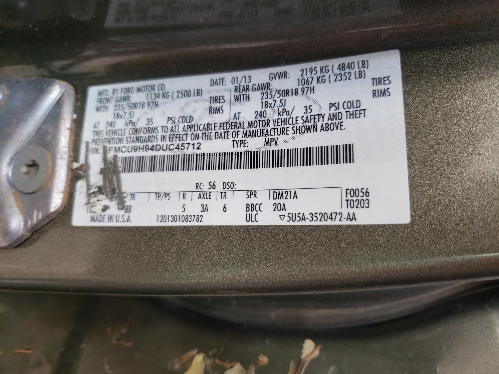 Photo 10 from auction – 2013 FORD ESCAPE SEL with VIN 1FMCU9H94DUC45712