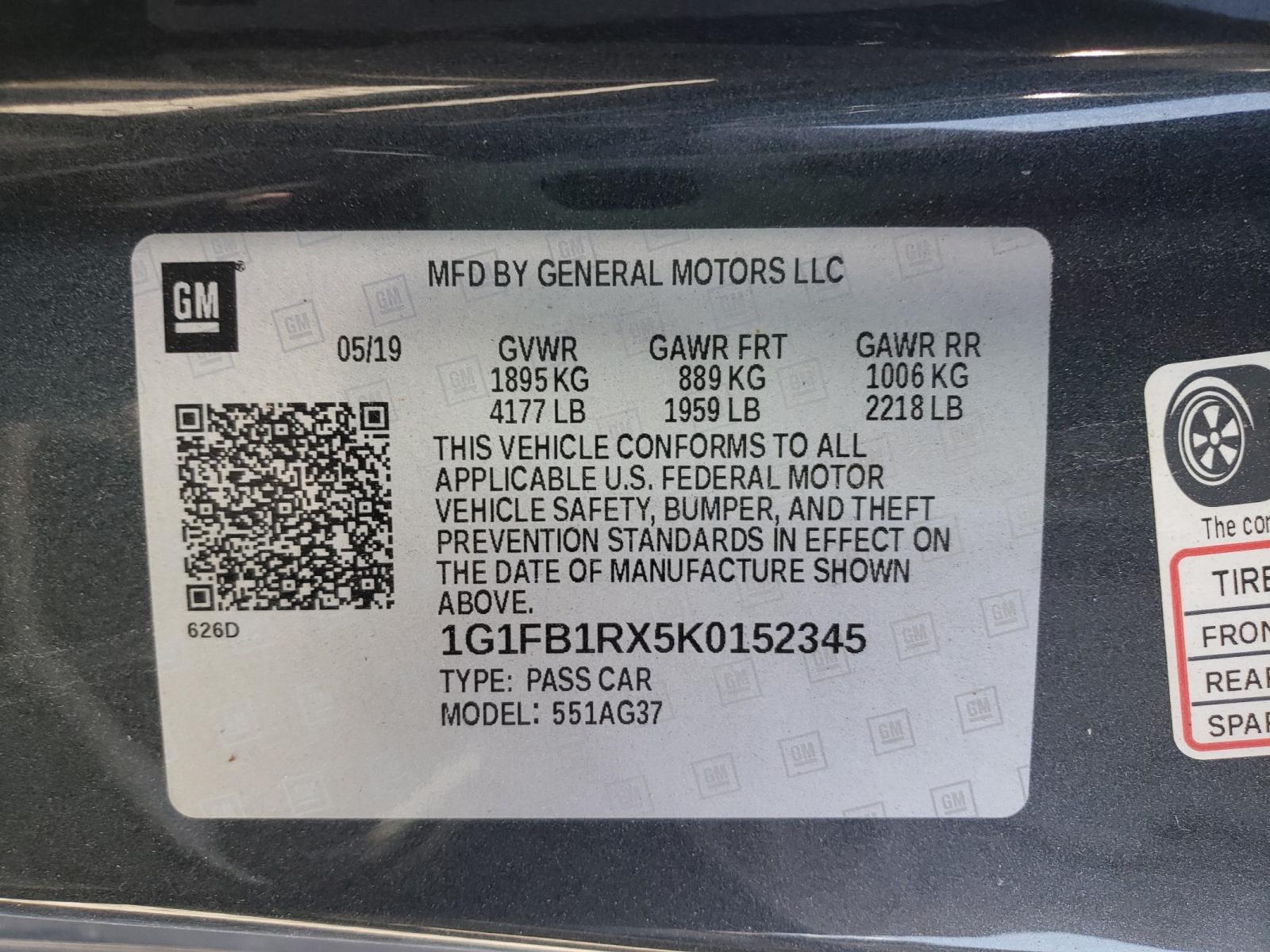 Photo 10 from auction – 2019 CHEVROLET CAMARO LS with VIN 1G1FB1RX5K0152345