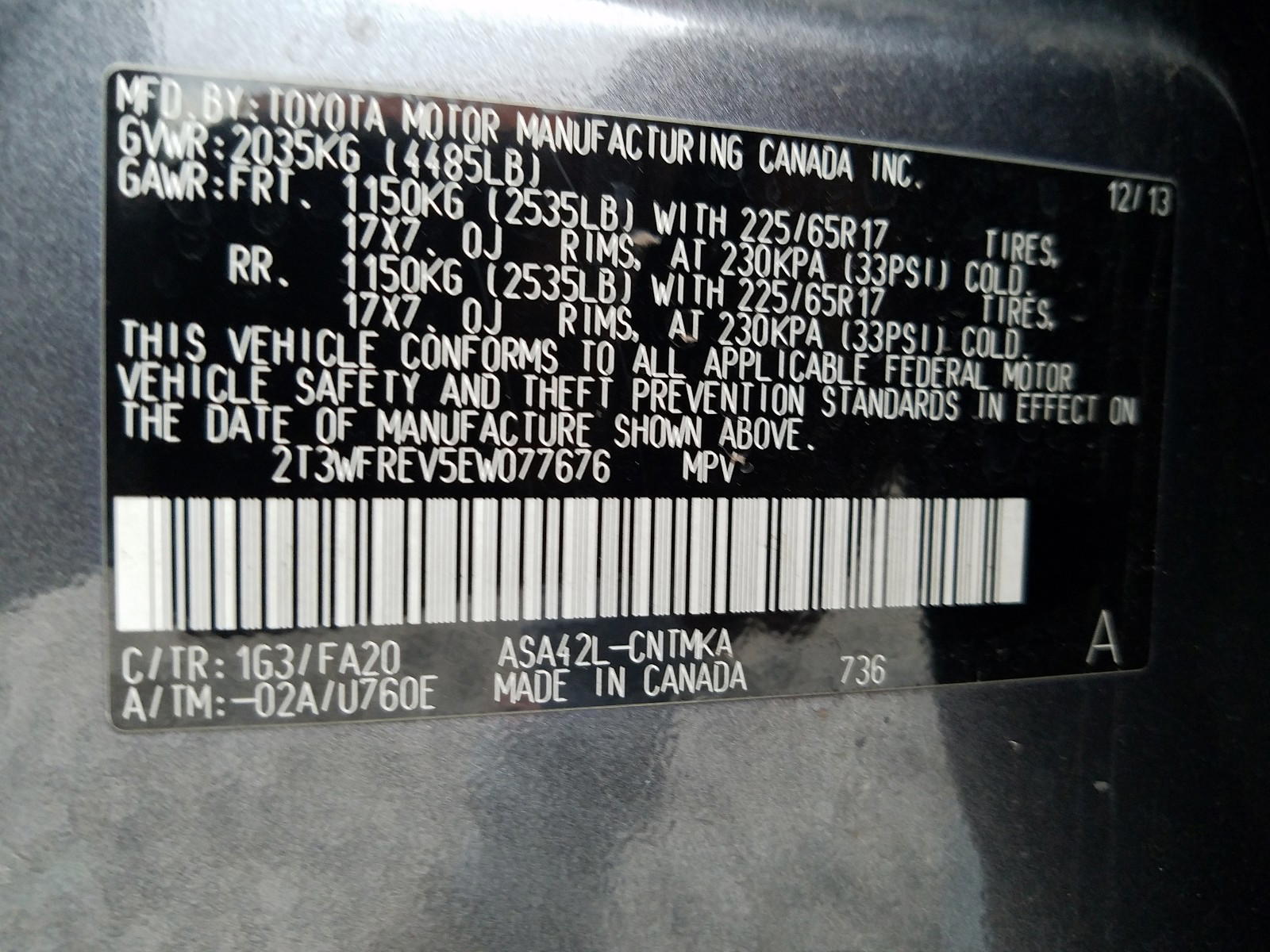 Photo 10 from auction – 2014 TOYOTA RAV4 with VIN 2T3WFREV5EW077676