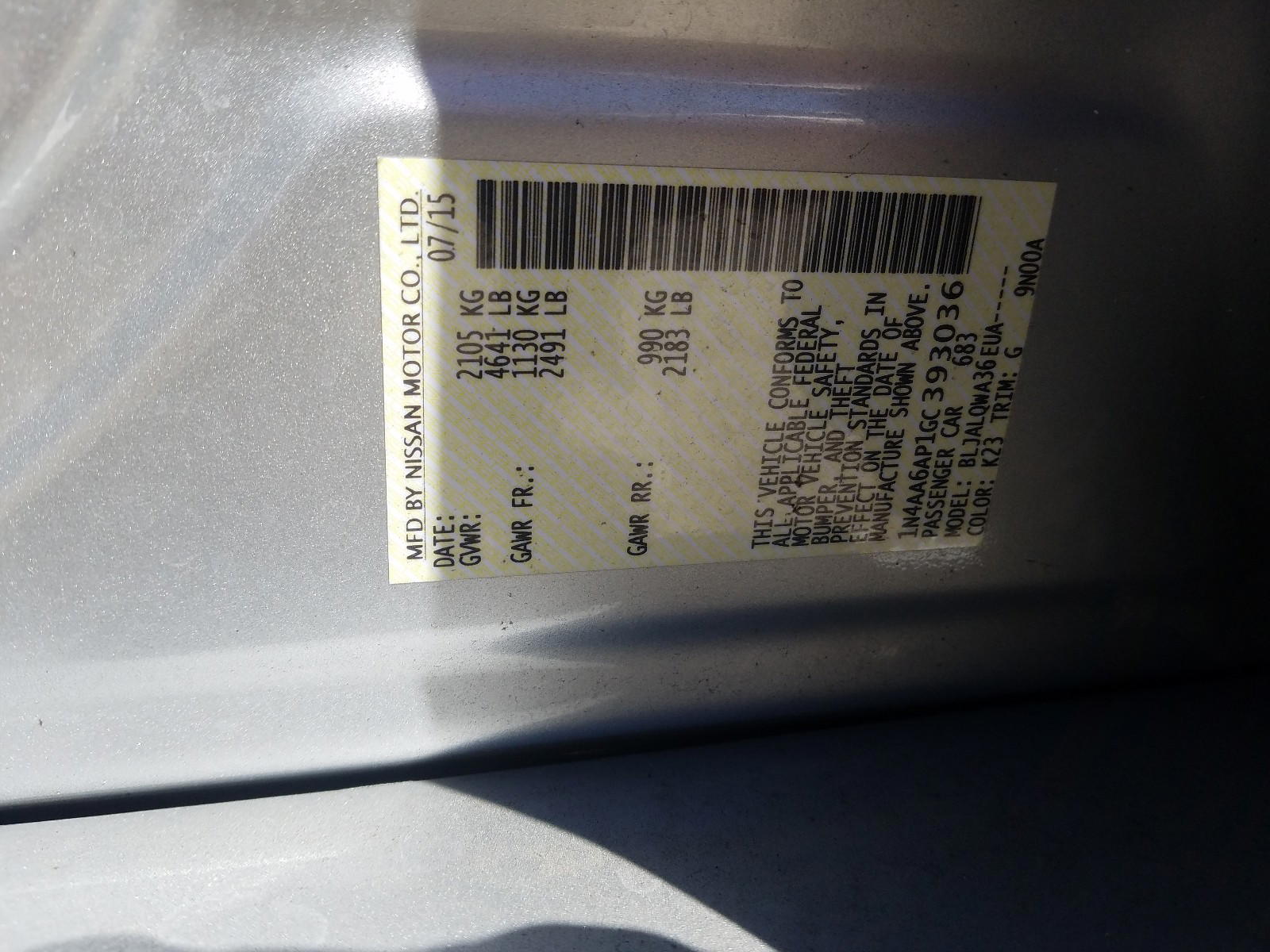 Photo 10 from auction – 2016 NISSAN MAXIMA 3.5 with VIN 1N4AA6AP1GC393036