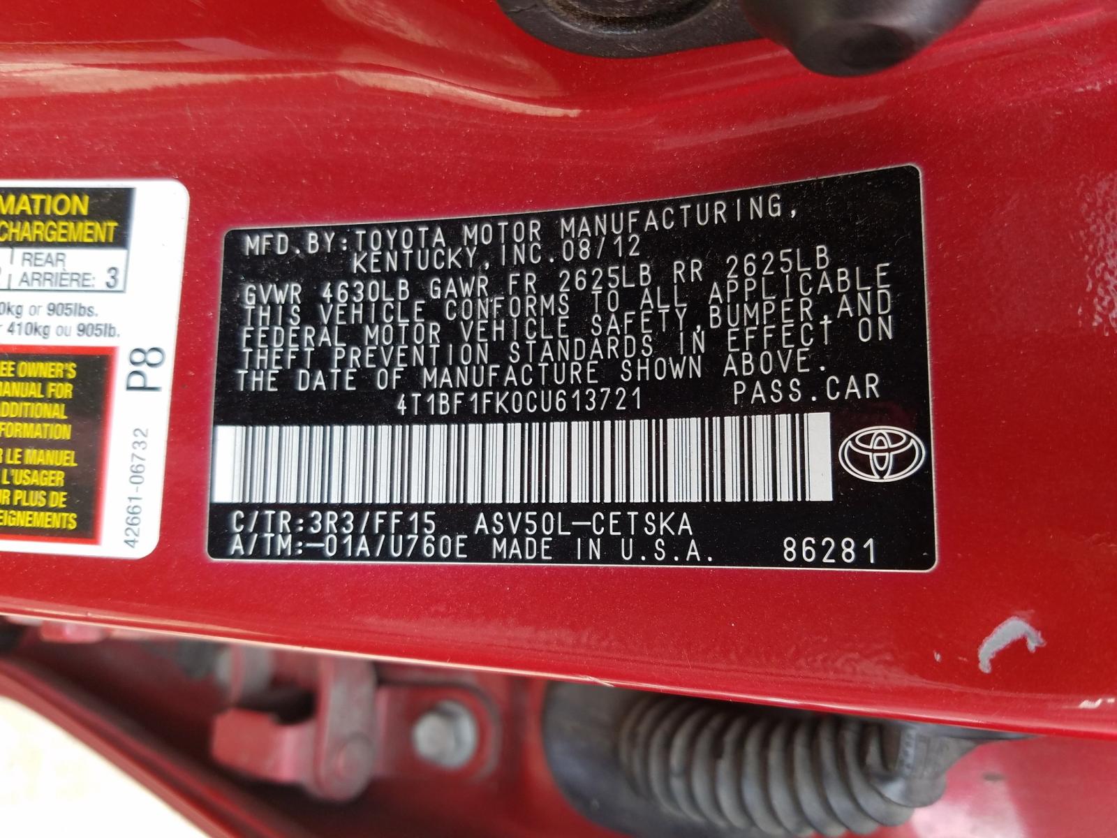 Photo 10 from auction – 2012 TOYOTA CAMRY with VIN 4T1BF1FK0CU613721