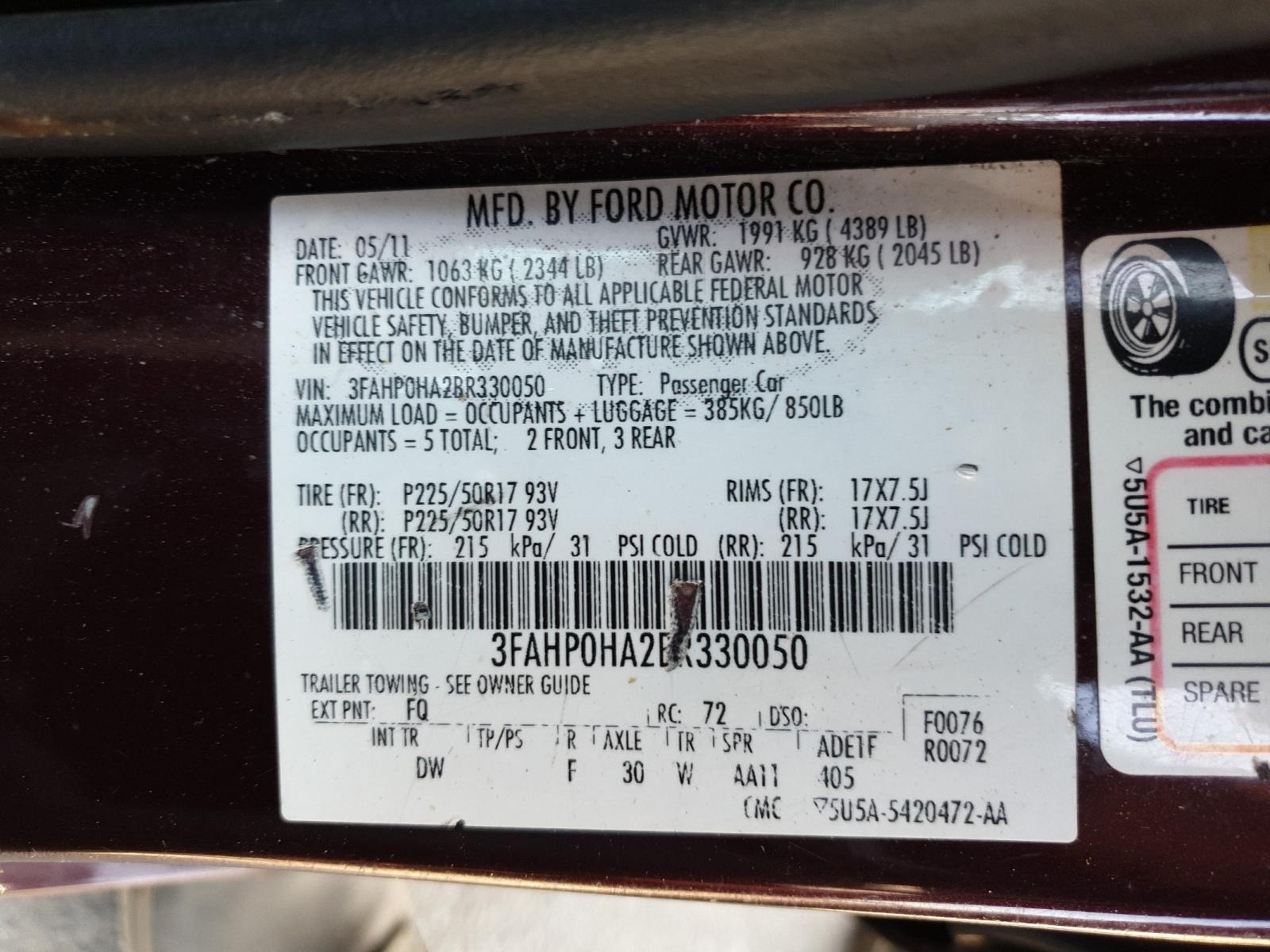 Photo 10 from auction – 2011 FORD FUSION with VIN 3FAHP0HA2BR330050