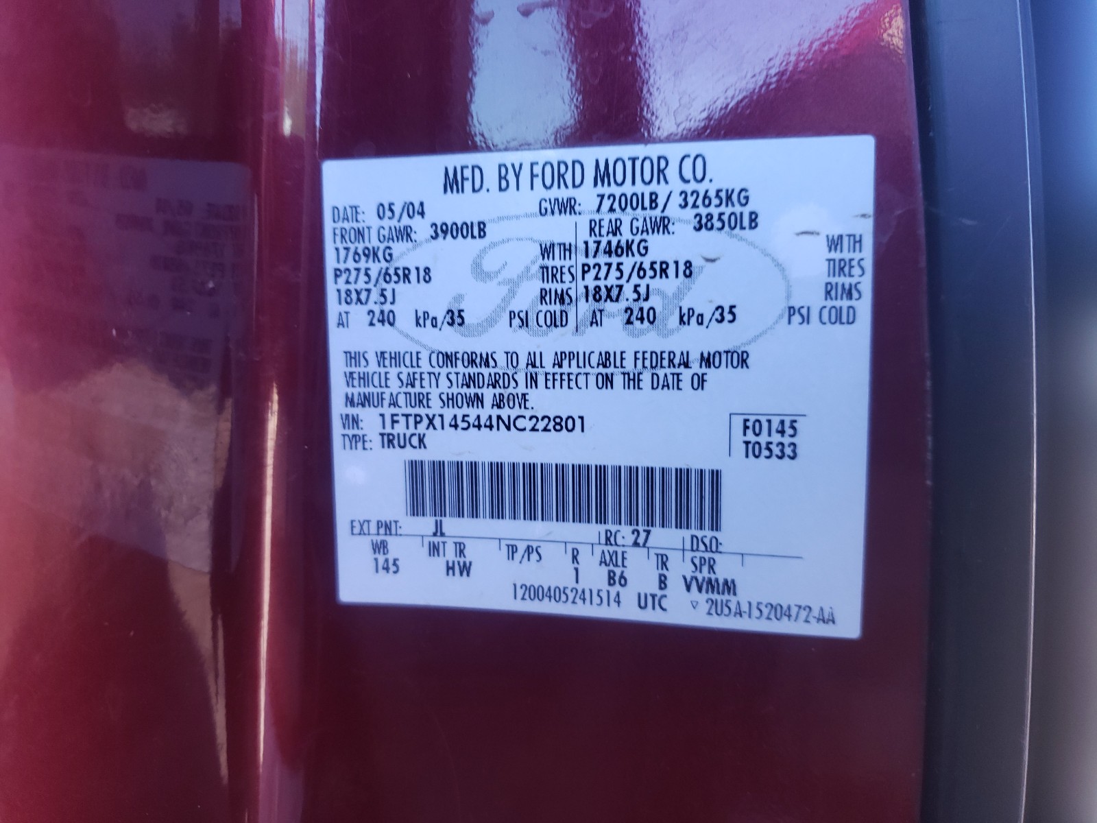 Photo 10 from auction – 2004 FORD F150 with VIN 1FTPX14544NC22801