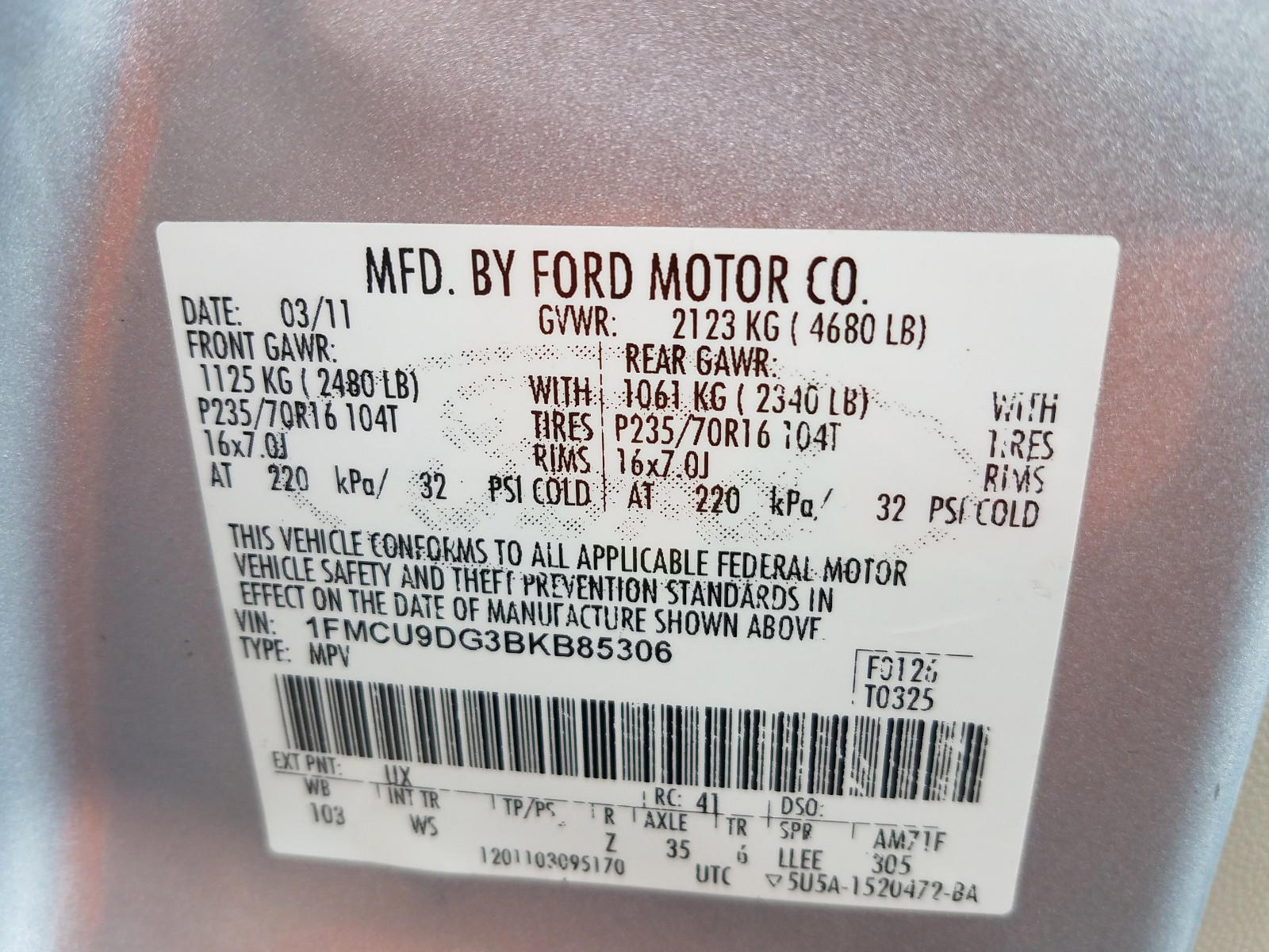 Photo 10 from auction – 2011 FORD ESCAPE XLT with VIN 1FMCU9DG3BKB85306