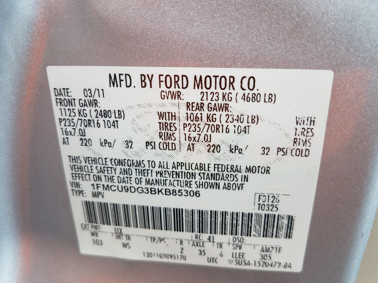 Zdjęcie 10 z aukcji – 2011 FORD ESCAPE XLT z VIN 1FMCU9DG3BKB85306