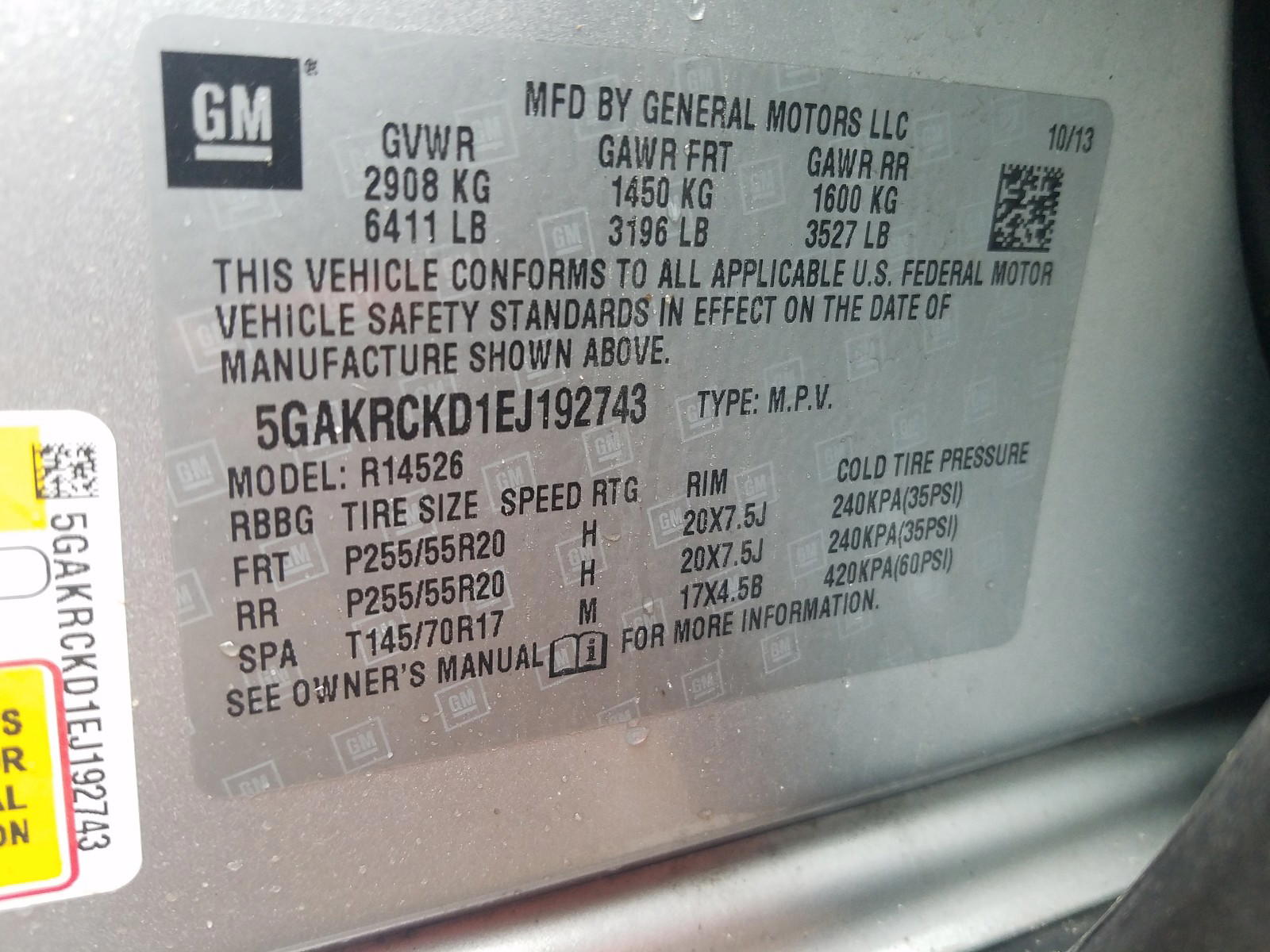 Photo 10 from auction – 2014 BUICK ENCLAVE with VIN 5GAKRCKD1EJ192743