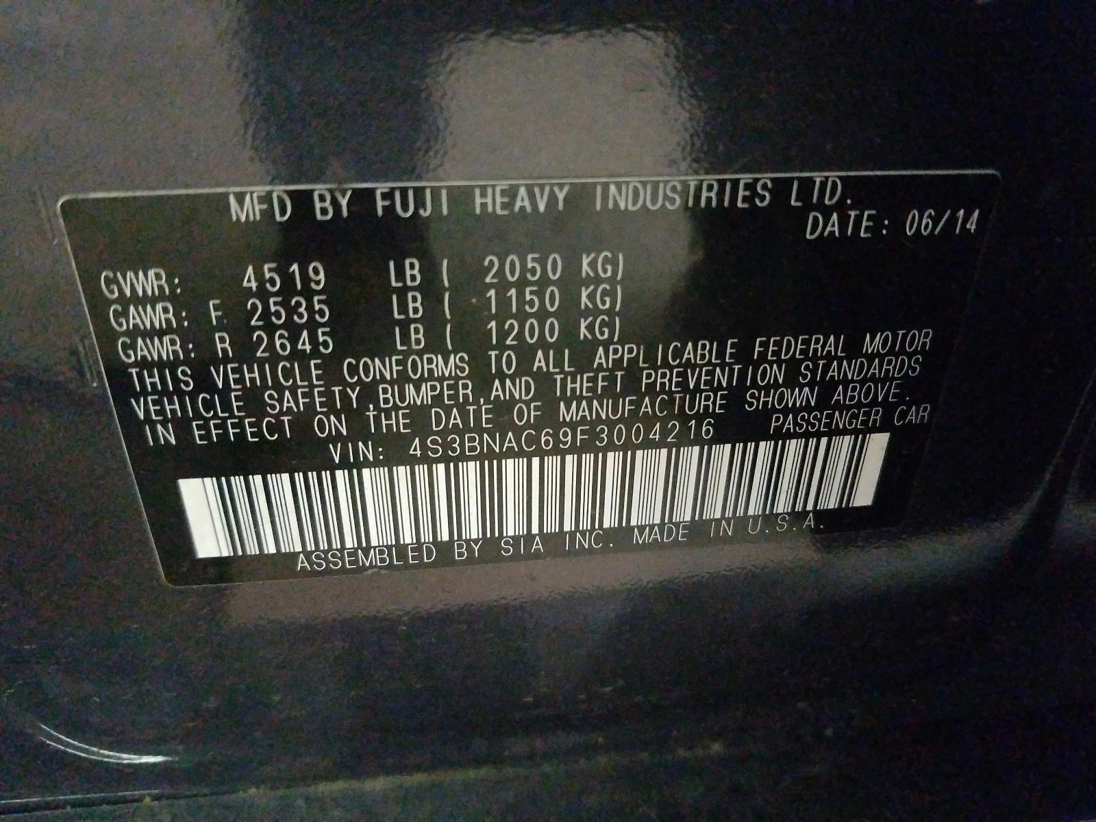 Photo 10 from auction – 2015 SUBARU LEGACY 2.5 with VIN 4S3BNAC69F3004216