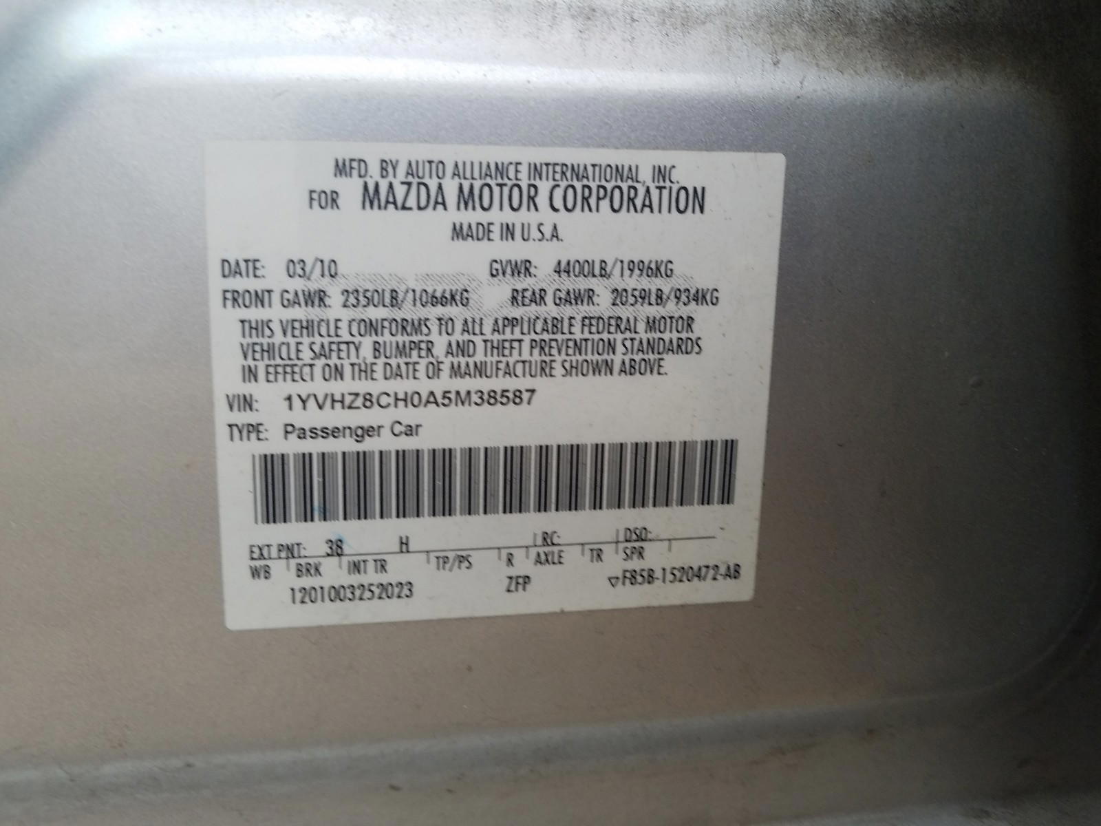 Photo 10 from auction – 2010 MAZDA 6 I with VIN 1YVHZ8CH0A5M38587