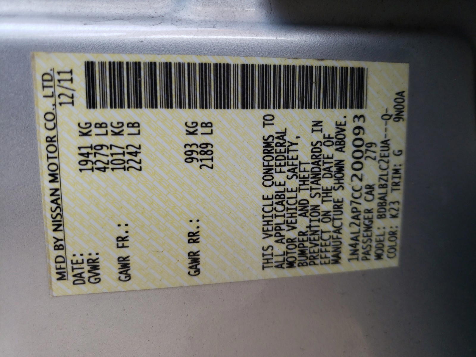 Photo 10 from auction – 2012 NISSAN ALTIMA BAS with VIN 1N4AL2AP7CC200093