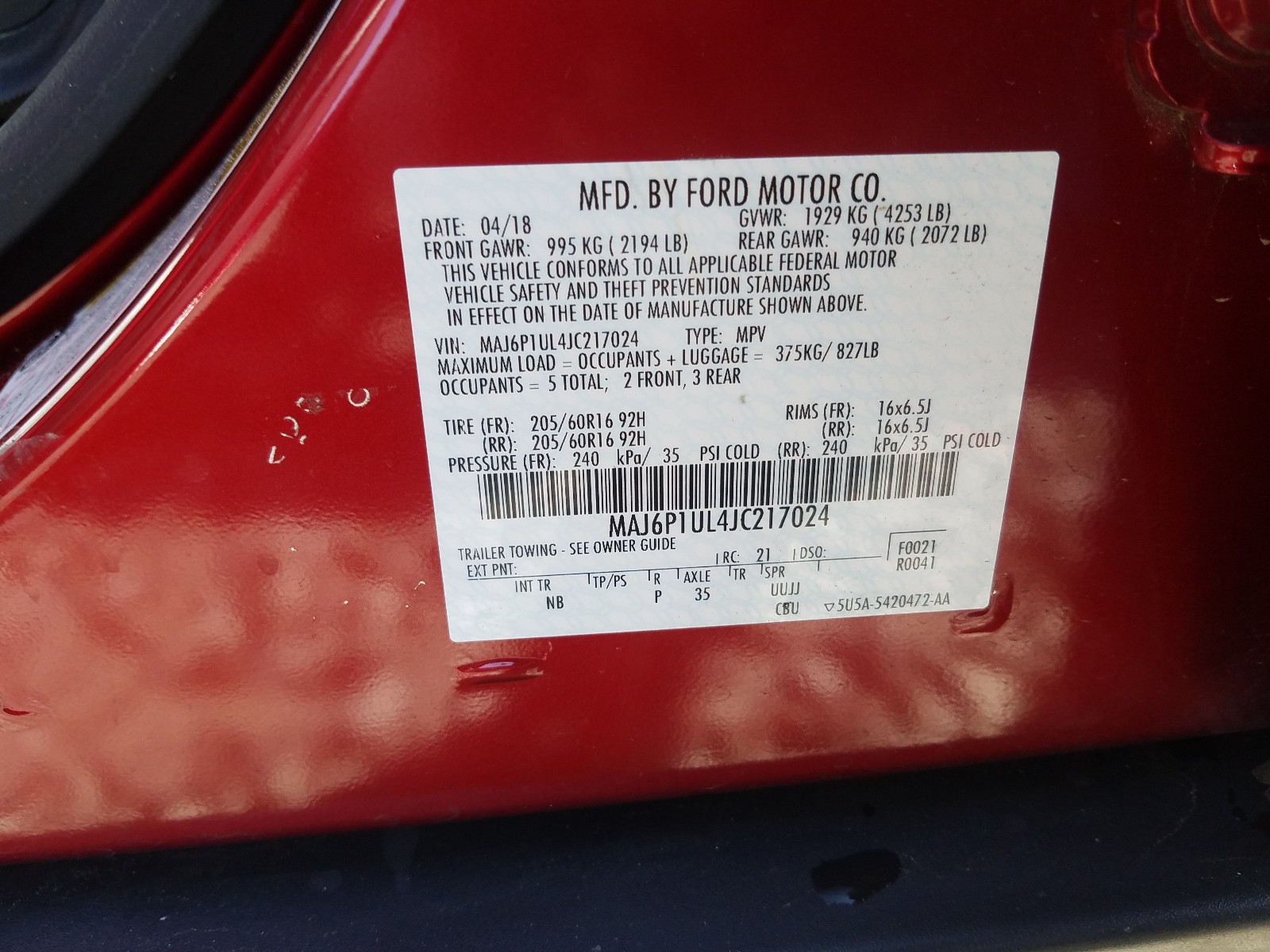 Photo 10 from auction – 2018 FORD ECOSPORT S with VIN MAJ6P1UL4JC217024