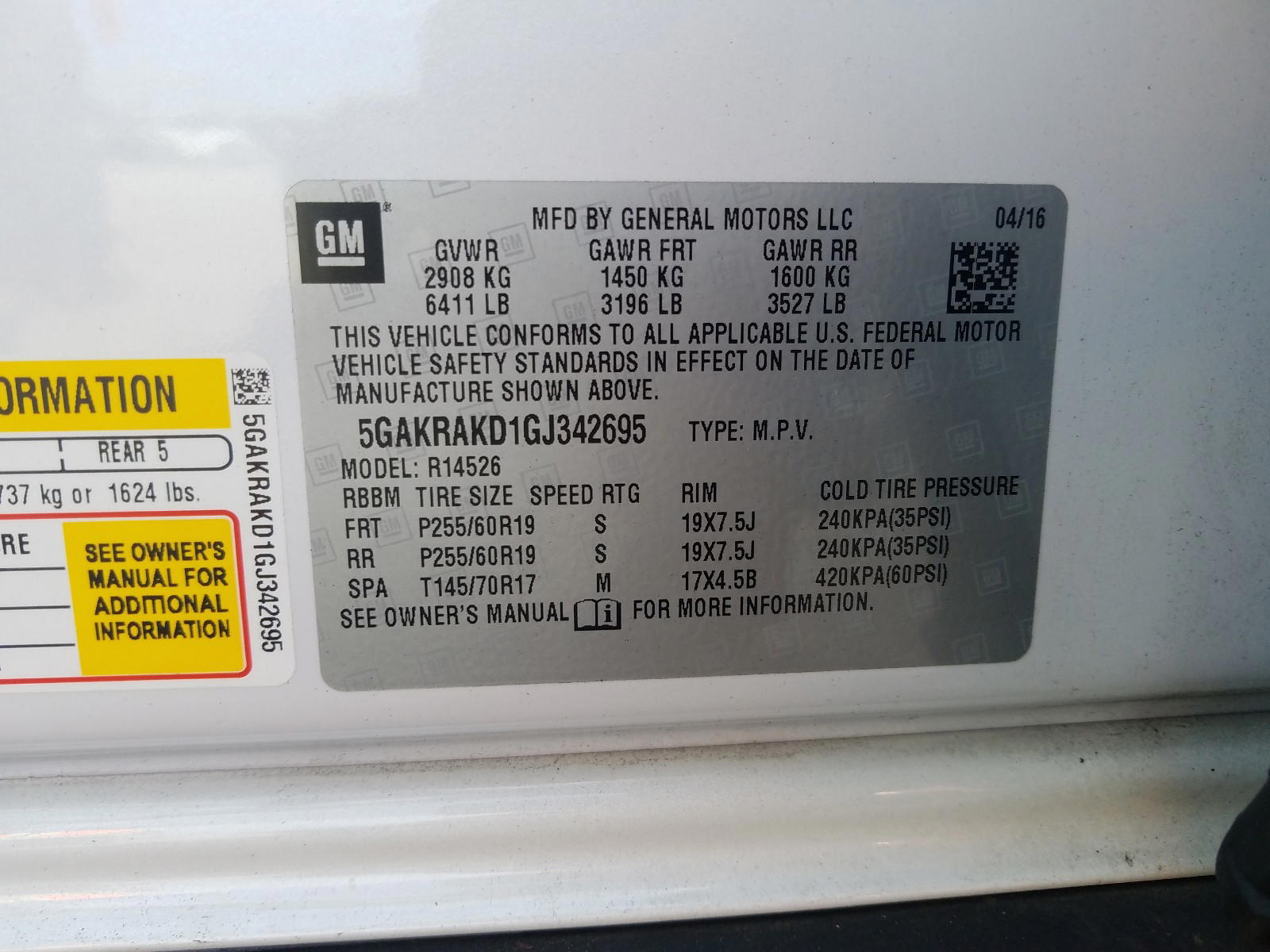 Photo 10 from auction – 2016 BUICK ENCLAVE with VIN 5GAKRAKD1GJ342695