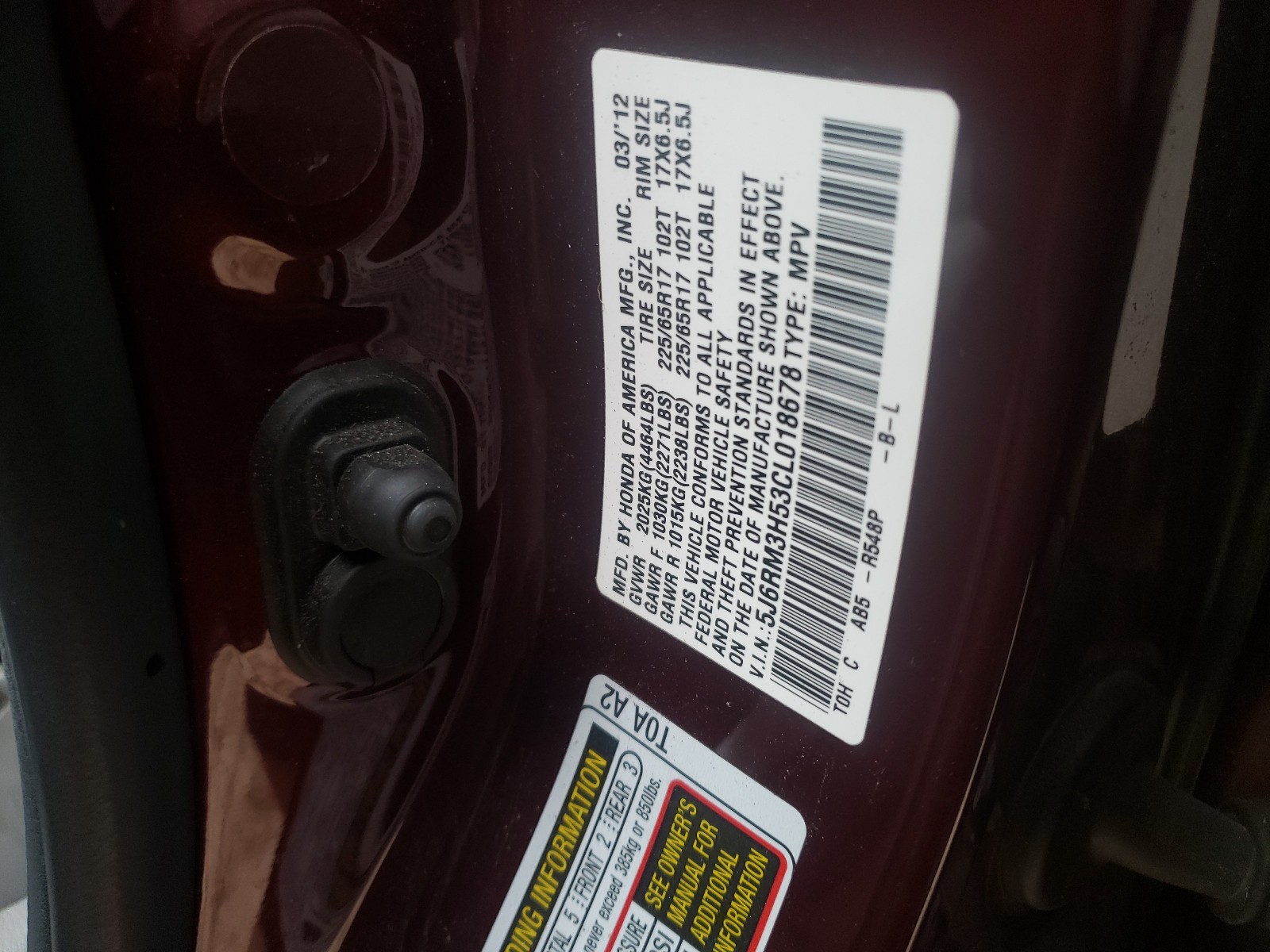 Photo 10 from auction – 2012 HONDA CR-V EX with VIN 5J6RM3H53CL018678