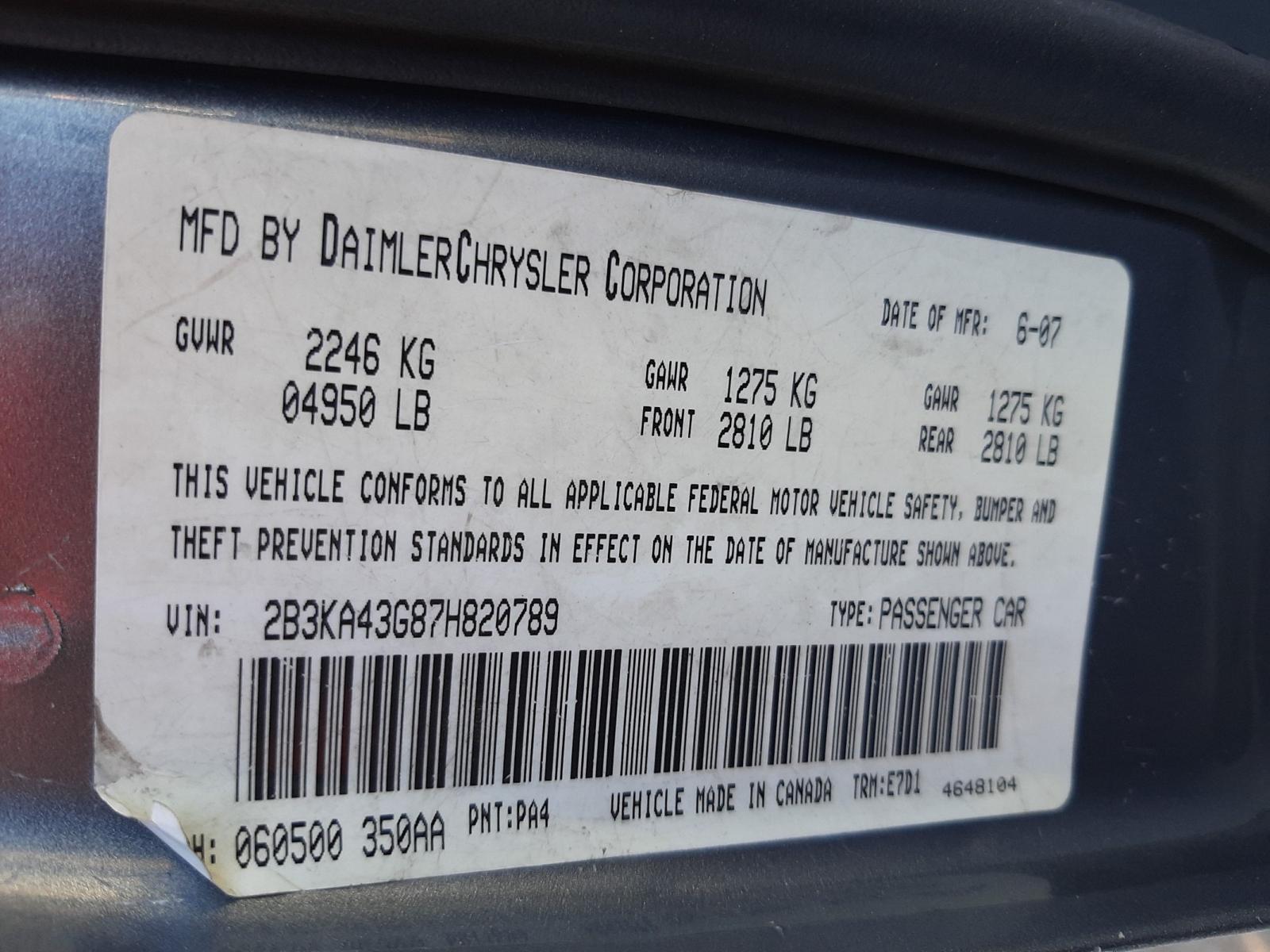 Photo 10 from auction – 2007 DODGE CHARGER SE with VIN 2B3KA43G87H820789