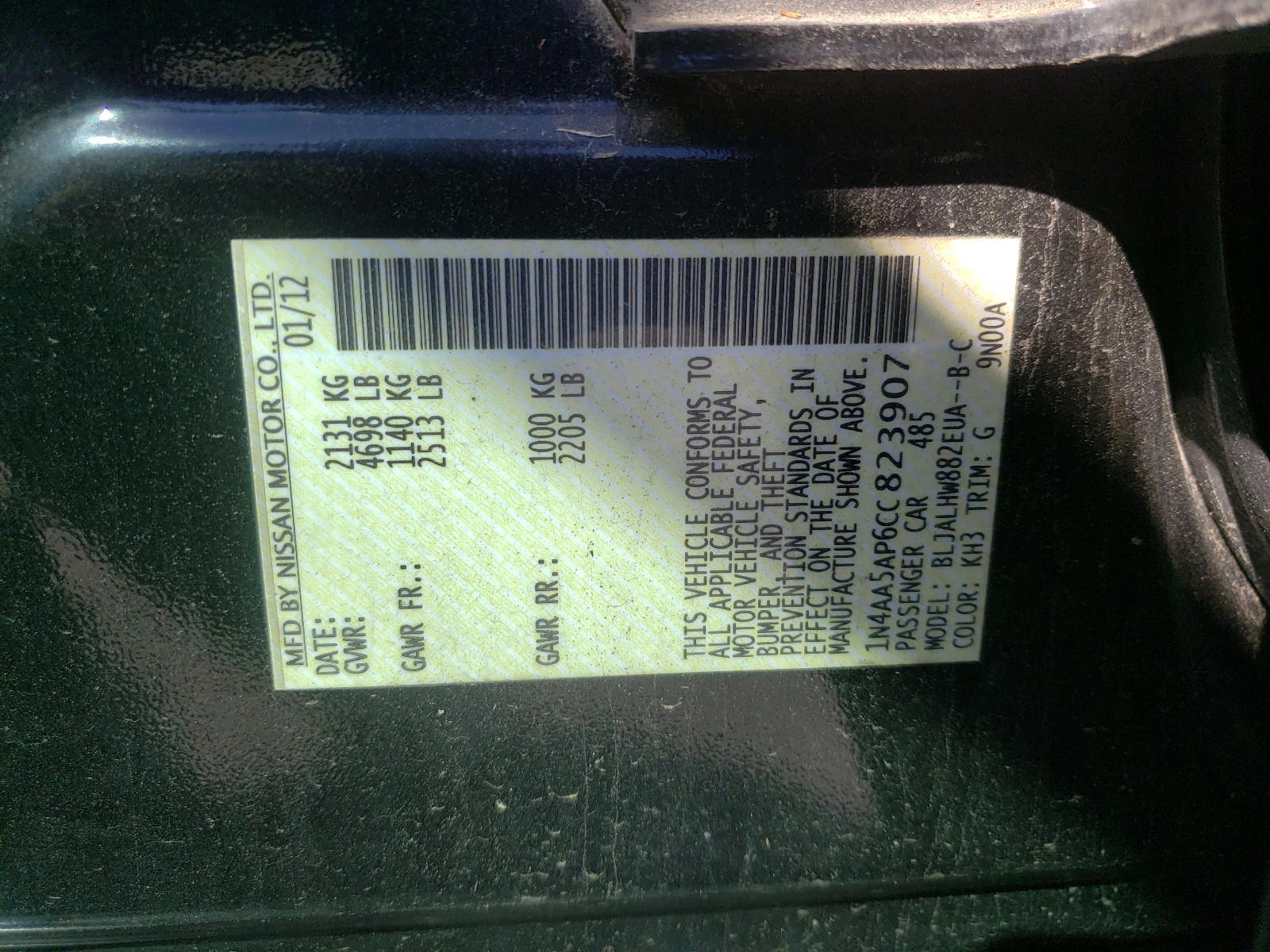 Photo 10 from auction – 2012 NISSAN MAXIMA S with VIN 1N4AA5AP6CC823907