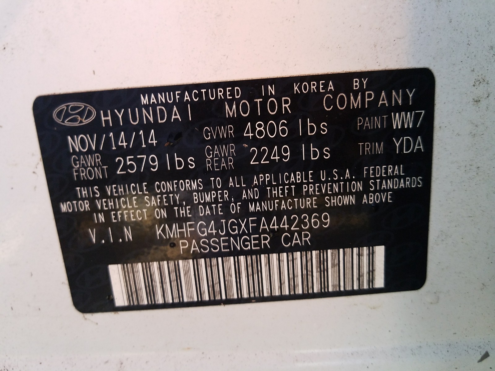 Photo 10 from auction – 2015 HYUNDAI AZERA with VIN KMHFG4JGXFA442369