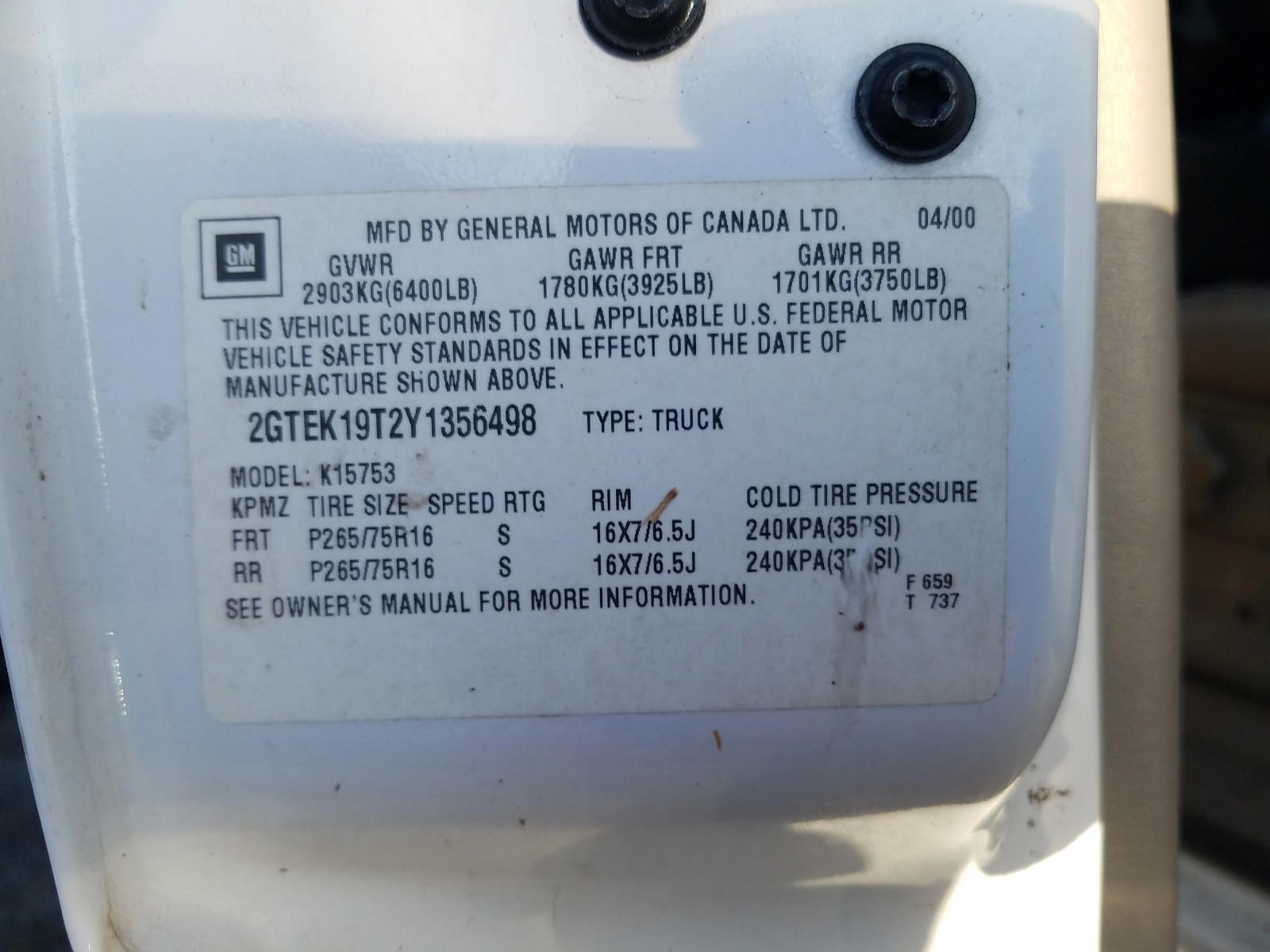 Photo 10 from auction – 2000 GMC NEW SIERRA with VIN 2GTEK19T2Y1356498