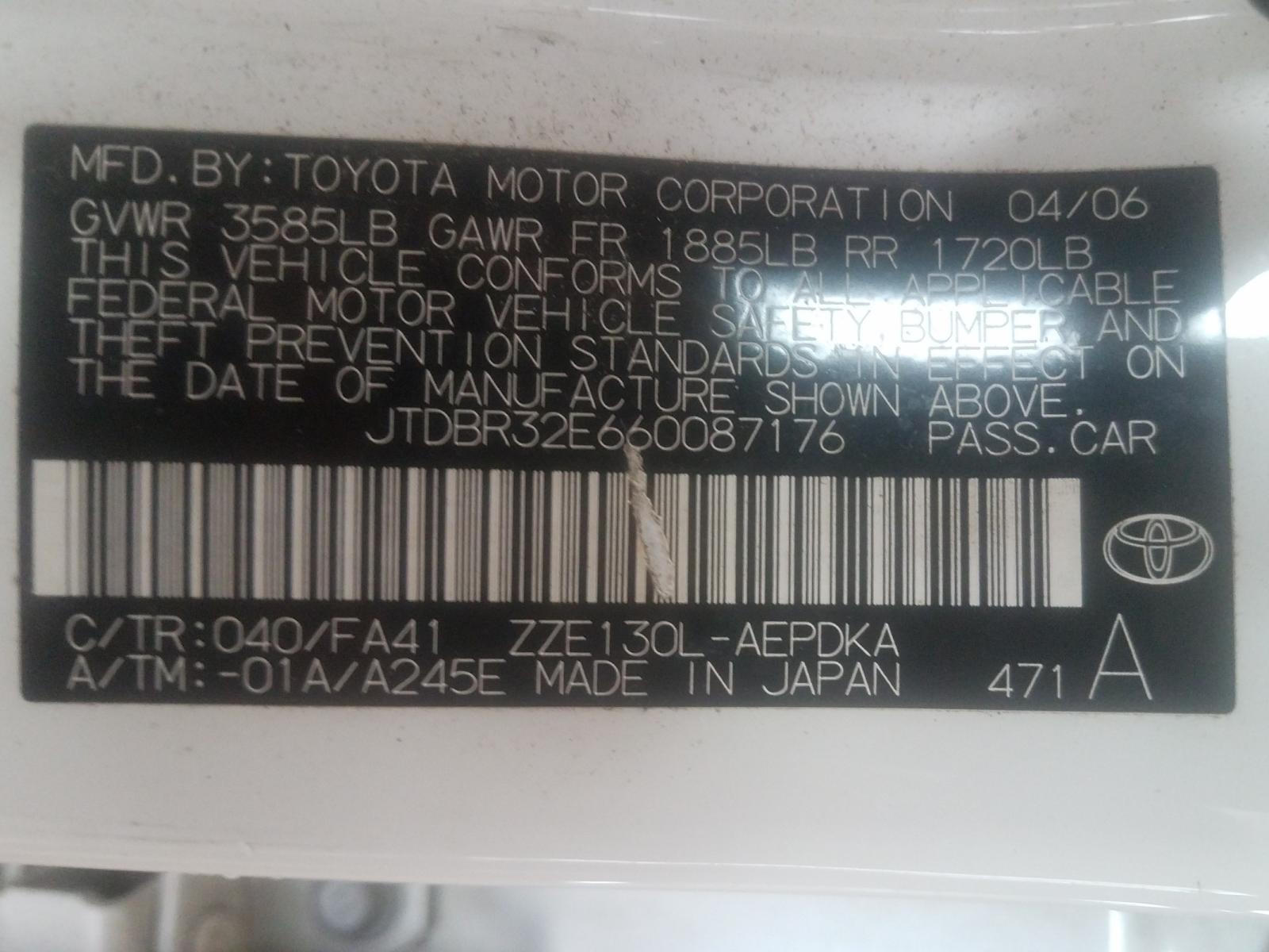 Photo 10 from auction – 2006 TOYOTA COROLLA CE with VIN JTDBR32E660087176