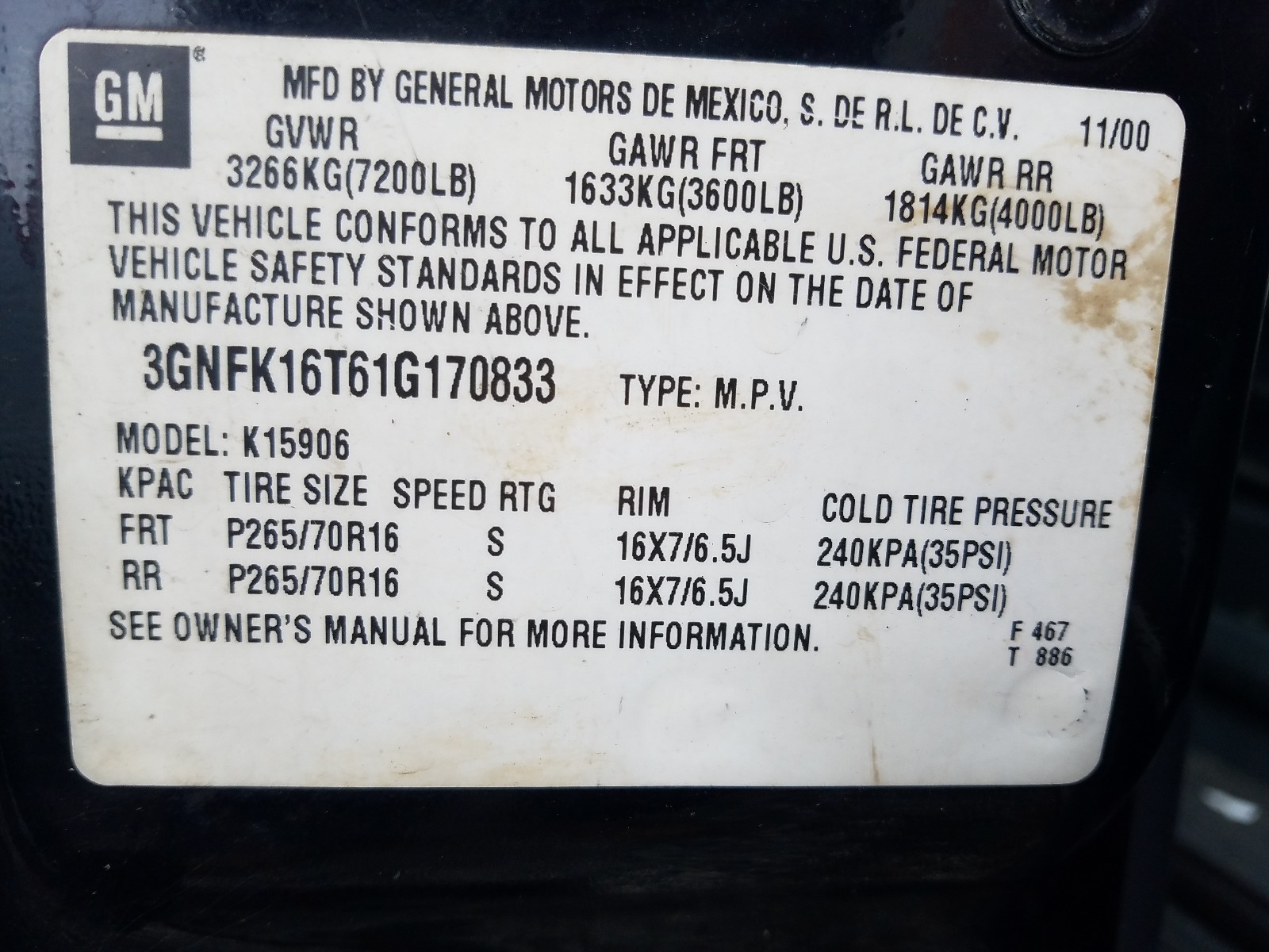 Photo 10 from auction – 2001 CHEVROLET SUBURBAN K with VIN 3GNFK16T61G170833