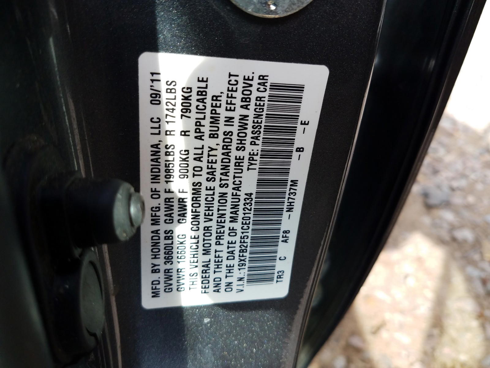 Photo 10 from auction – 2012 HONDA CIVIC LX with VIN 19XFB2F51CE012334