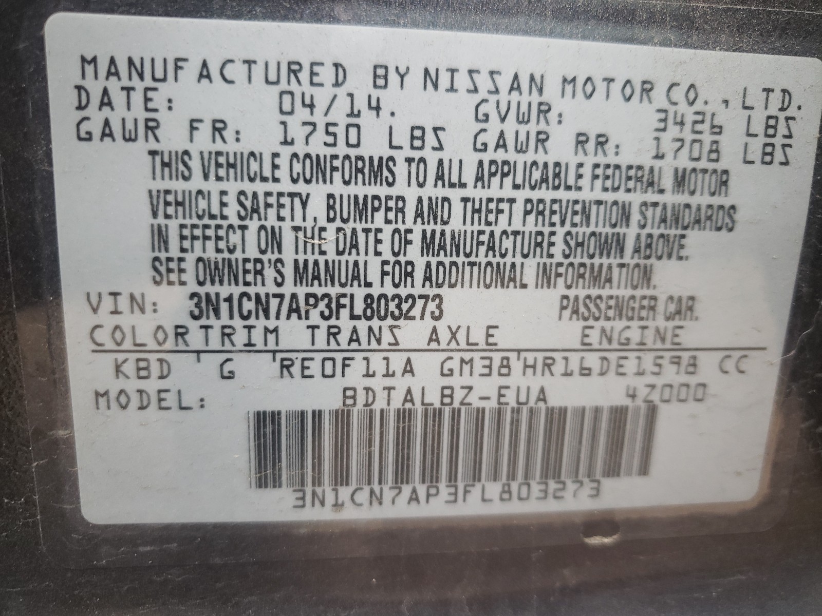 Photo 10 from auction – 2015 NISSAN VERSA S with VIN 3N1CN7AP3FL803273