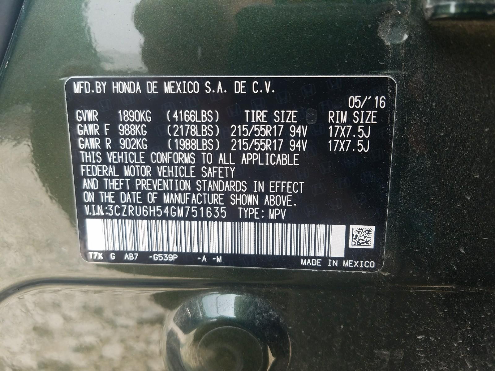 Photo 10 from auction – 2016 HONDA HR-V EX with VIN 3CZRU6H54GM751635