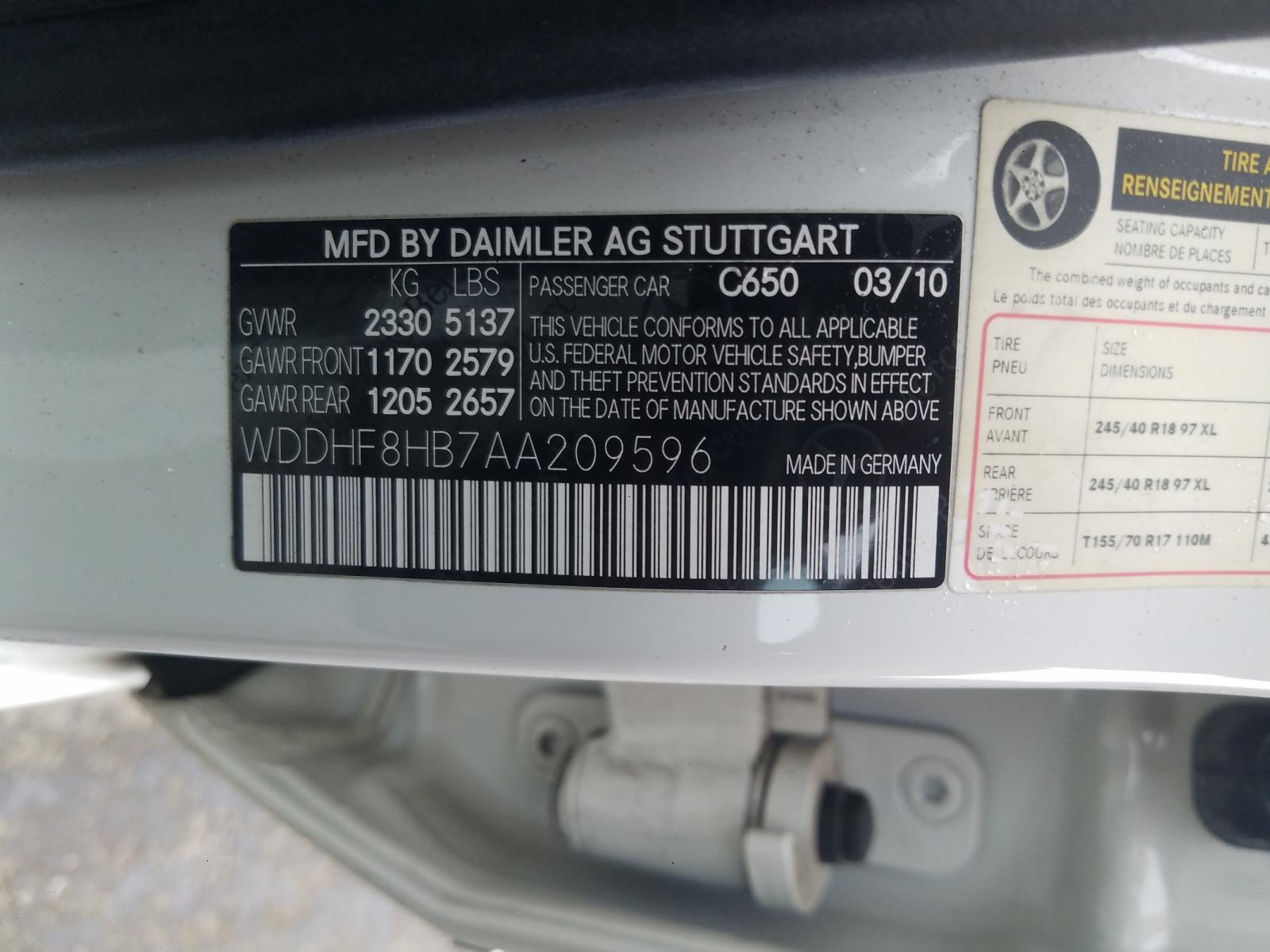 Photo 10 from auction – 2010 MERCEDES-BENZ E 350 4MAT with VIN WDDHF8HB7AA209596